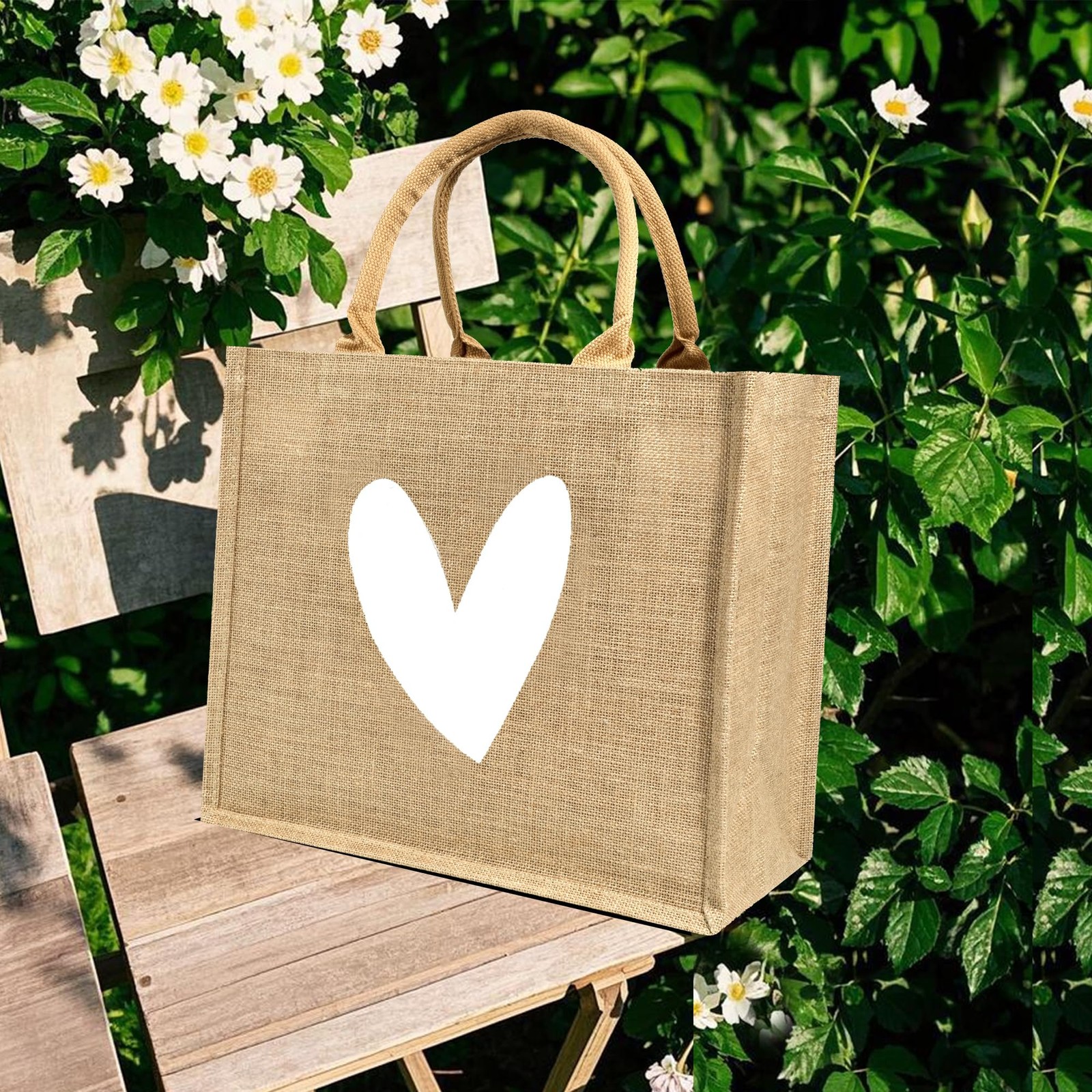 Burlap Tote Bags Handles White Heart Printed Reusable Jute Gift Waterproof
