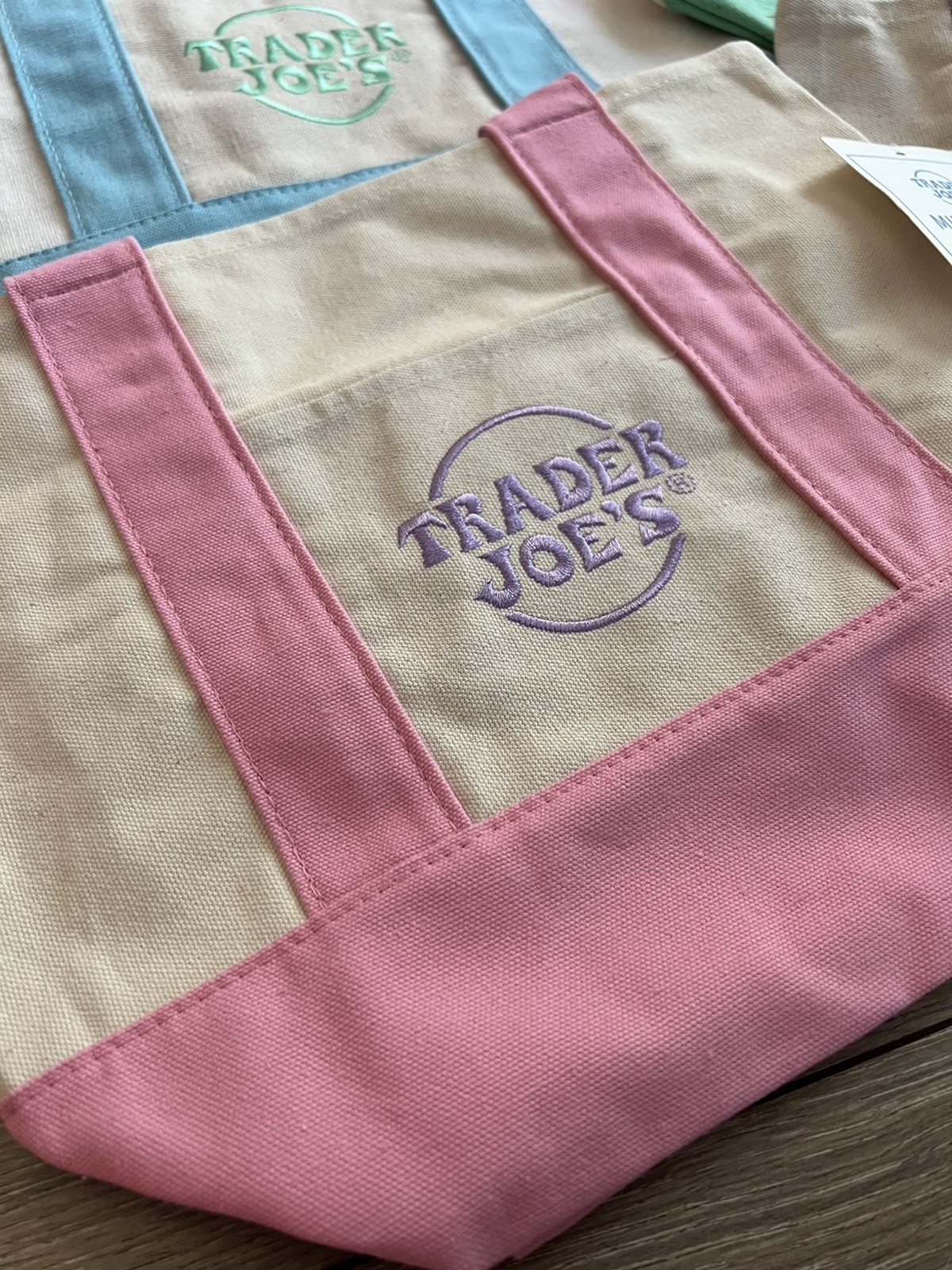 Trader Joes 4 Set Mini Pastel Canvas Tote Bag Blue Pink Purple Green 🇺🇲 Seller