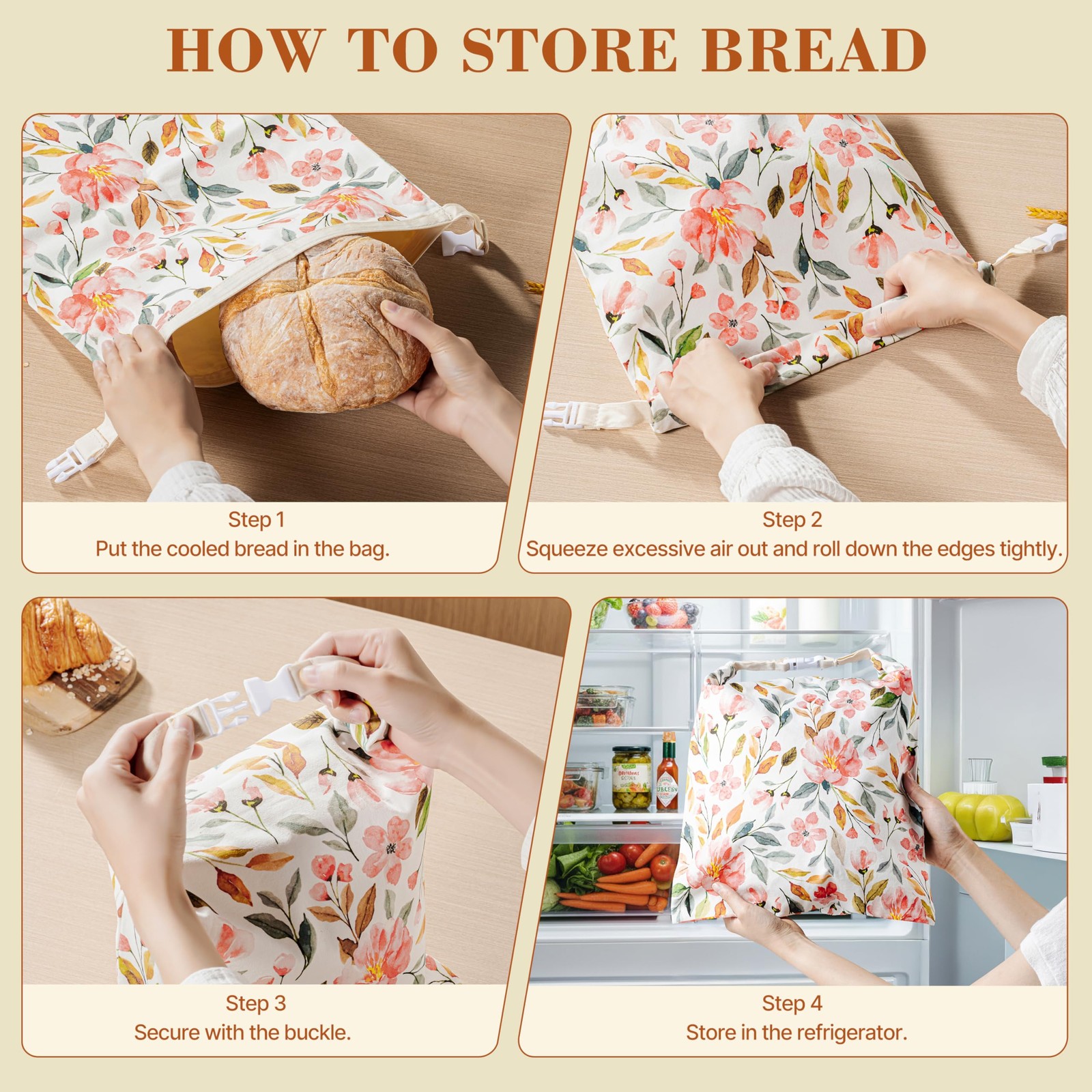 Augine Beeswax Bread Bag, 2 Pack 13 inches x 1 inch x 17 inches, Flower