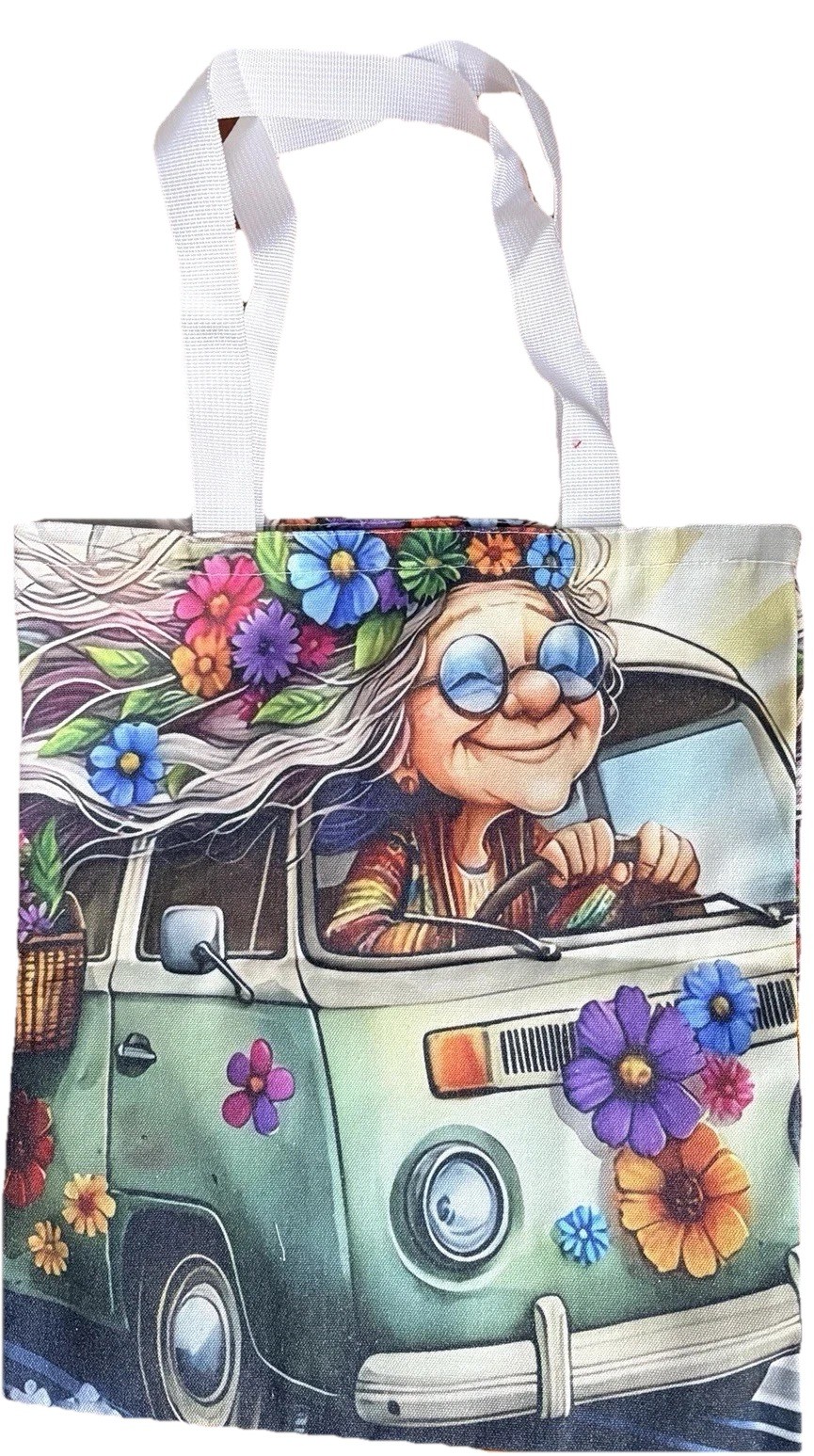 Canvas Reusable Shopping Bag Foldable Old Hippie Van Medium Tote Multicolor