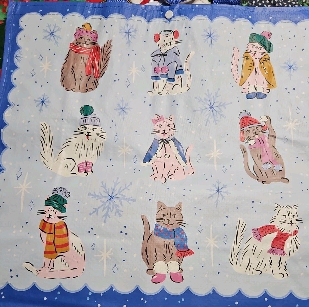 NEW WINTER CATS SHOPPING BAG REUSABLE TRAVEL TOTE W/SNAP CLOSURE 19″X 18.5″ X 7″