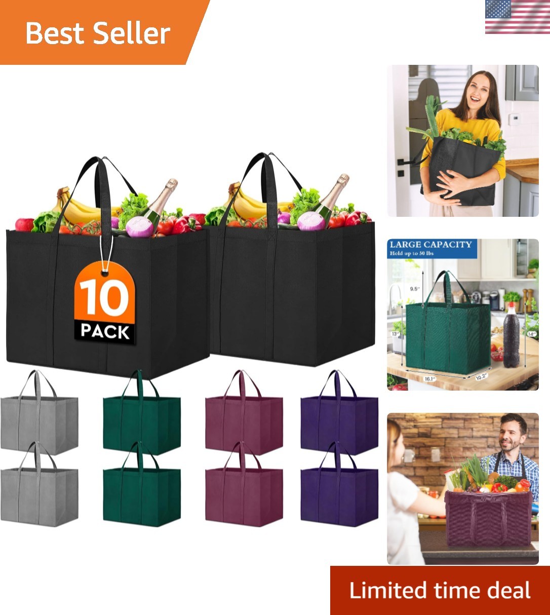 10 Pack Large Reusable Grocery Bags – Eco-Friendly Foldable Totes in Assorted…