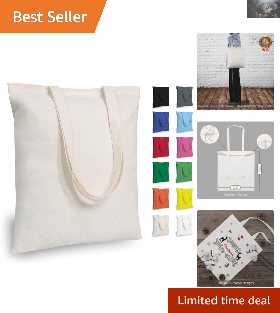 6-Pack Medium Cotton Tote Bags – Durable, Eco-Friendly, Lightweight & Versatile