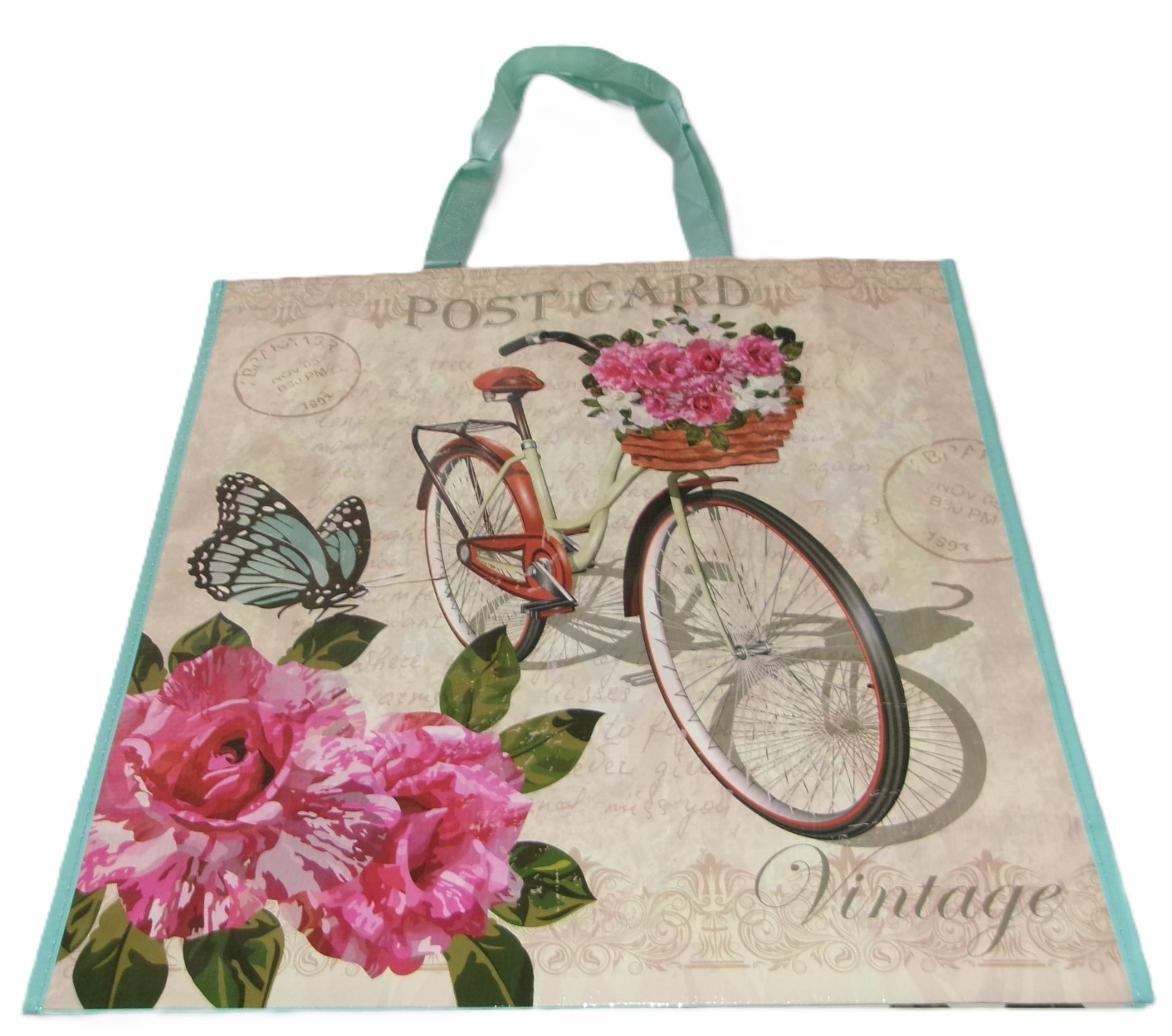 Reusable Tote Bag~19″ X18″X 7″ ~ POSTCARD/VINTAGE BICYCLE