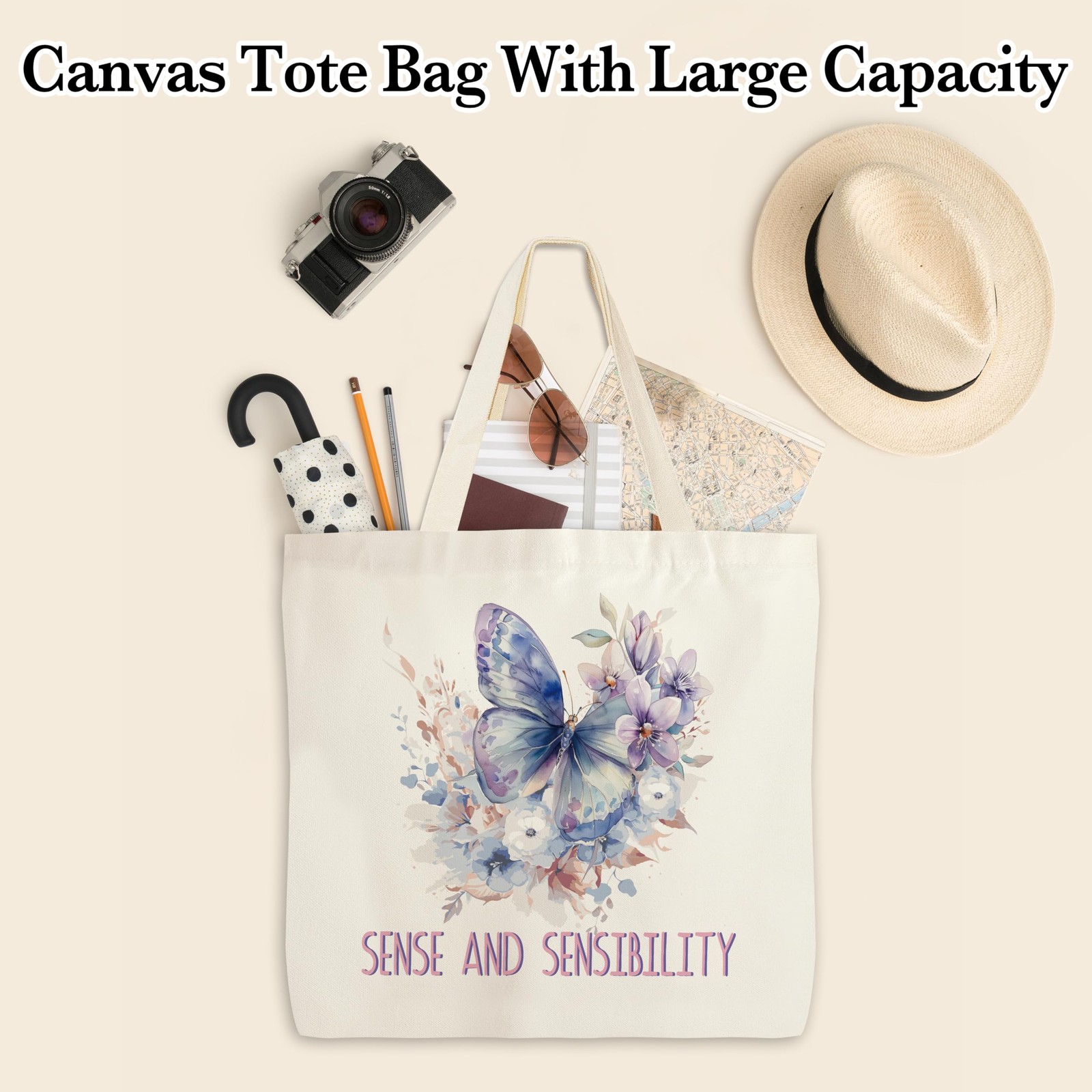 ‘s Canvas Tote Bags, Aesthetic Boho Gifts For , Flowers And Butterflies Patte…
