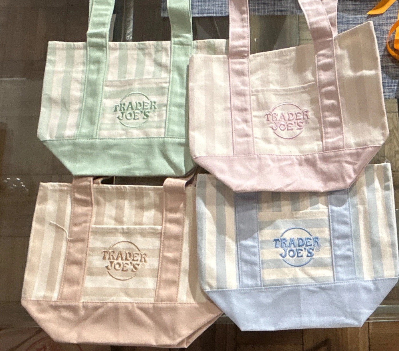 Trader Joe’s Lot of 4 Striped Reusable Small Tote Bags Polyester/Cotton 13×10