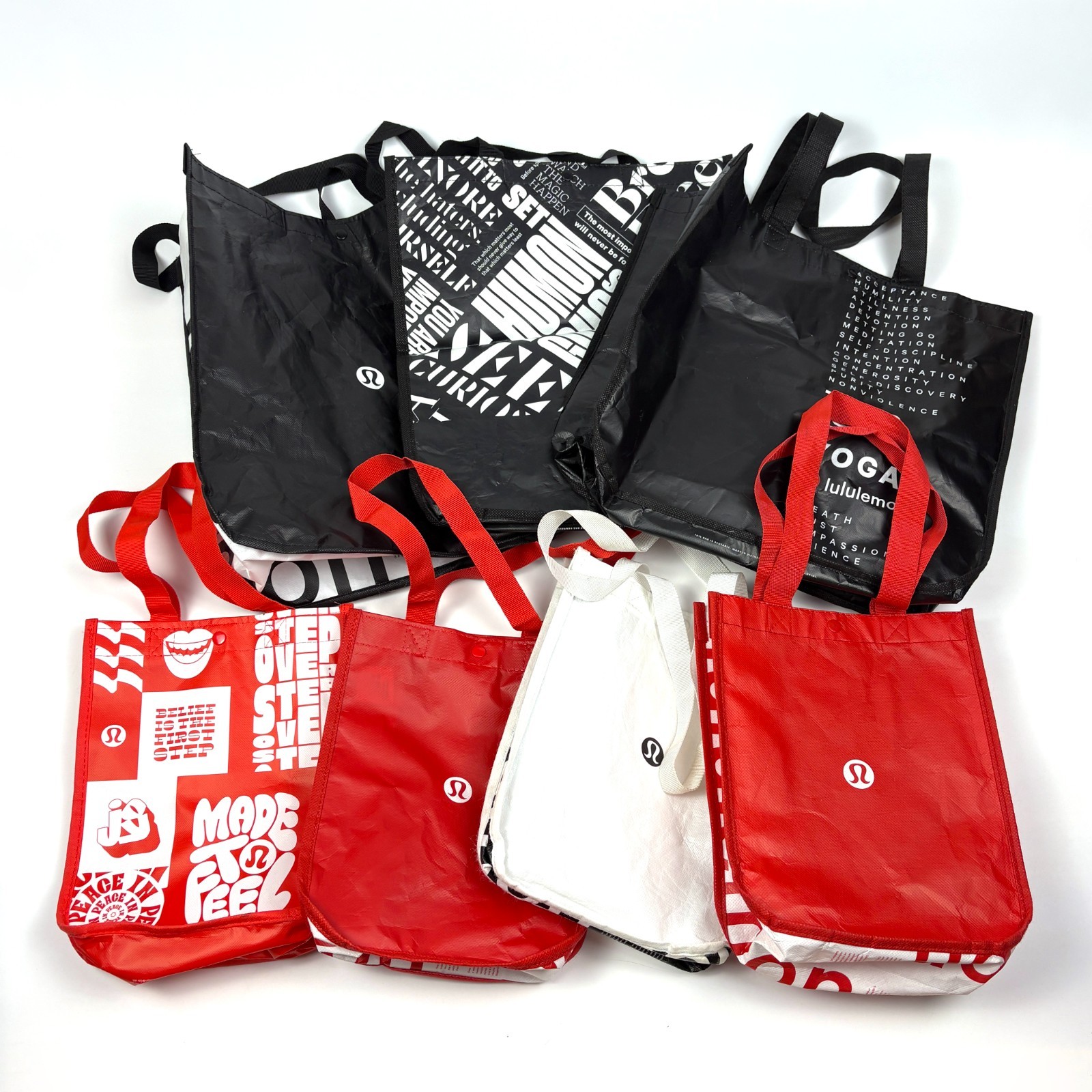 Lot of 7 Lululemon Bags 3 Medium 4 Small Red White Black Reuseable Tote Yoga Sho