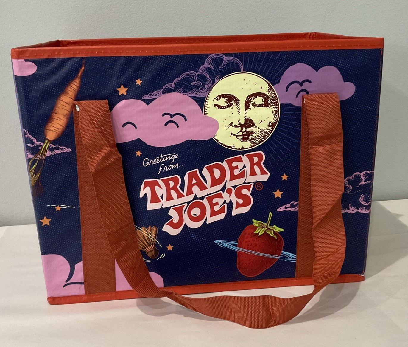 Trader Joe’s Stand Up Collapsible Grocery Shopping Tote Bag Reusable Moon Face