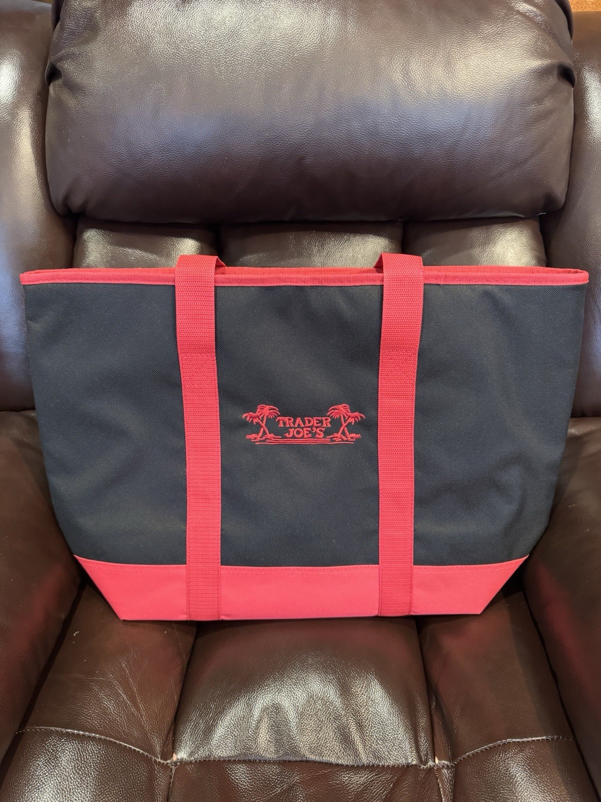 Trader Joe’s Extra Large Insulated Leak-Proof Shopping Bag, 7 Gallon, Black Red