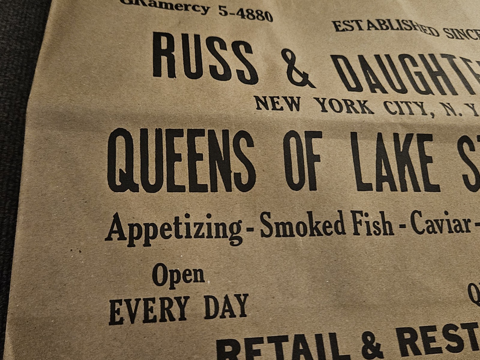 Russ & Daughters Brown Paper Tote Shopping Graphic Print Bag New York Bagel RARE