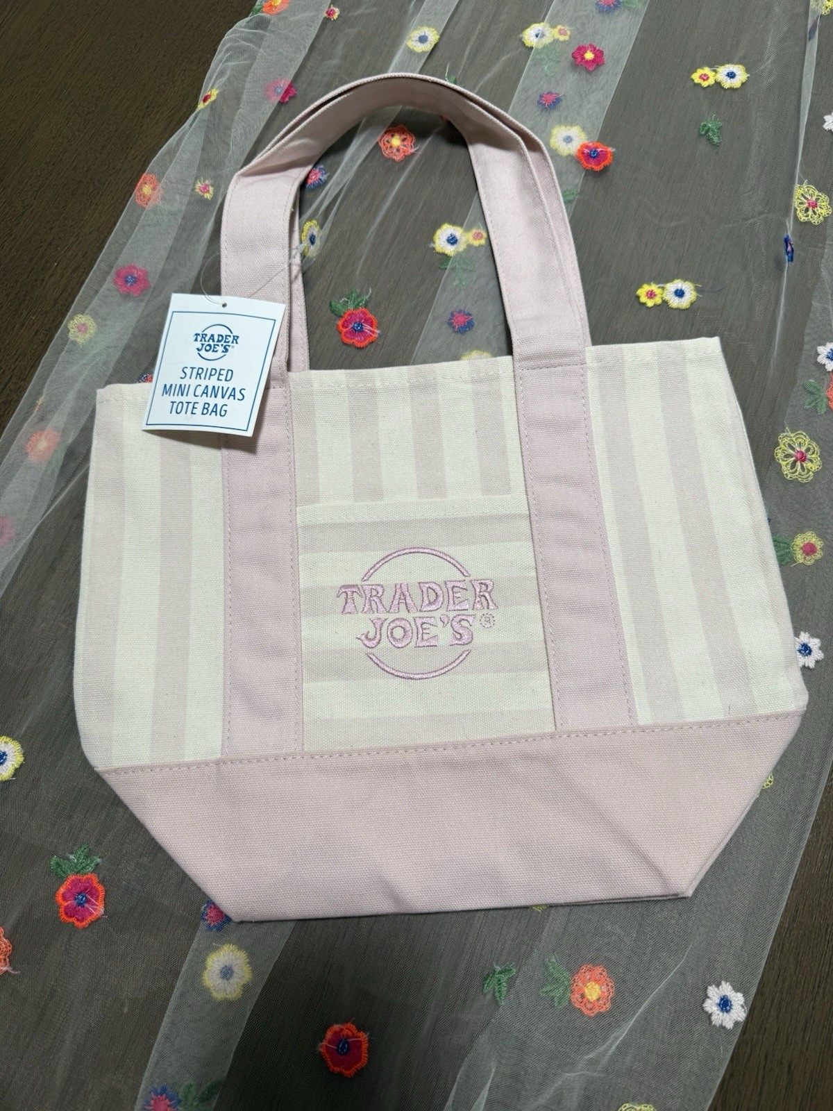 Trader Joe’s Striped Mini Canvas Tote Bag Pink/White 13x6x11 in New