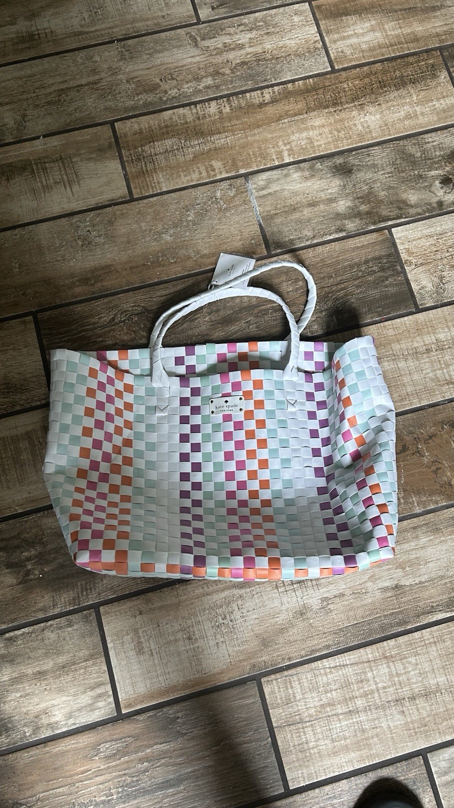 kate spade new york Large Reusable Tote Shopping Bag, Checkered Plastic, 20x14x8