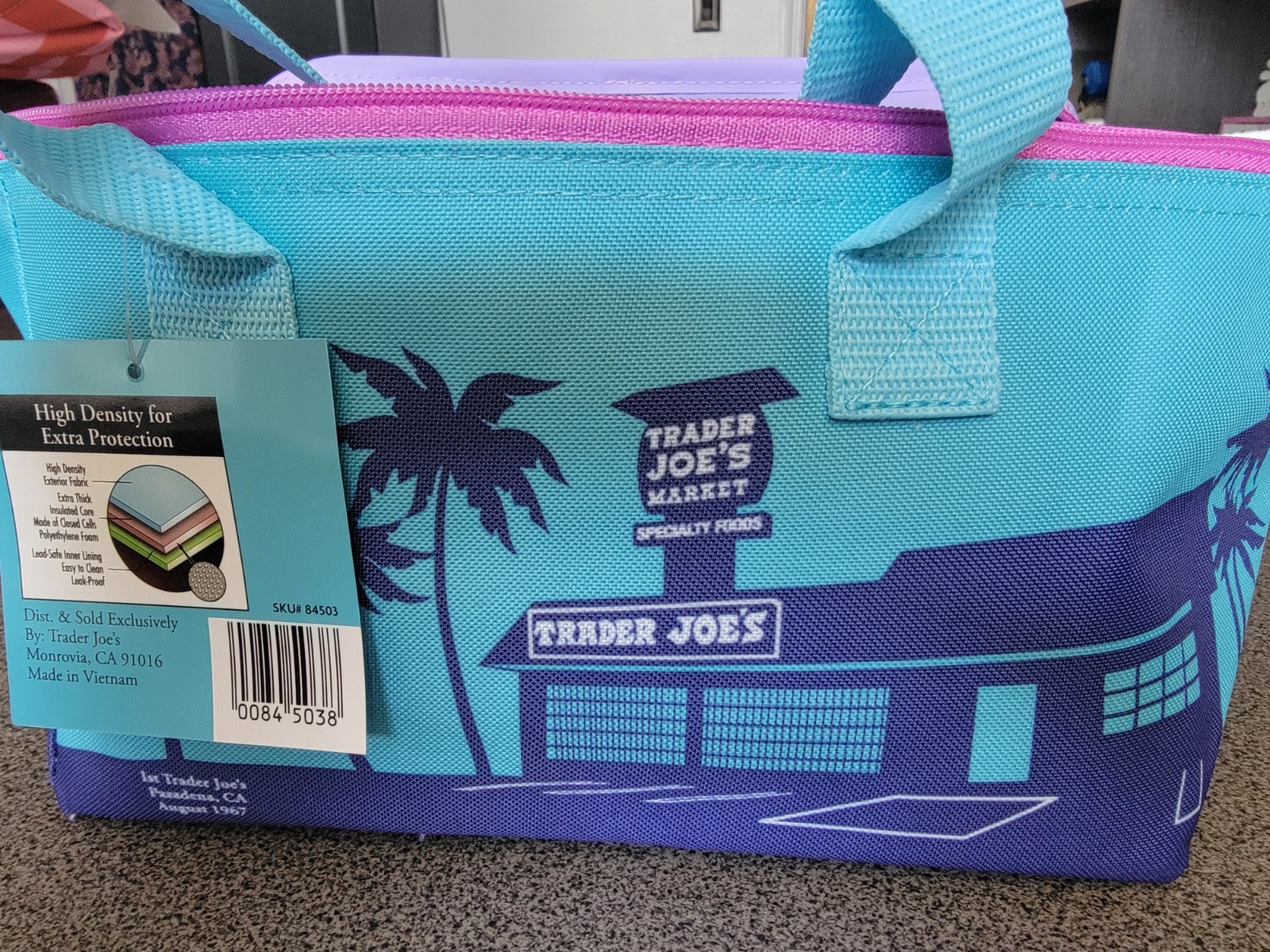 Trader Joe’s blue palm tree print new just released insulated tote bags 1.5 gal