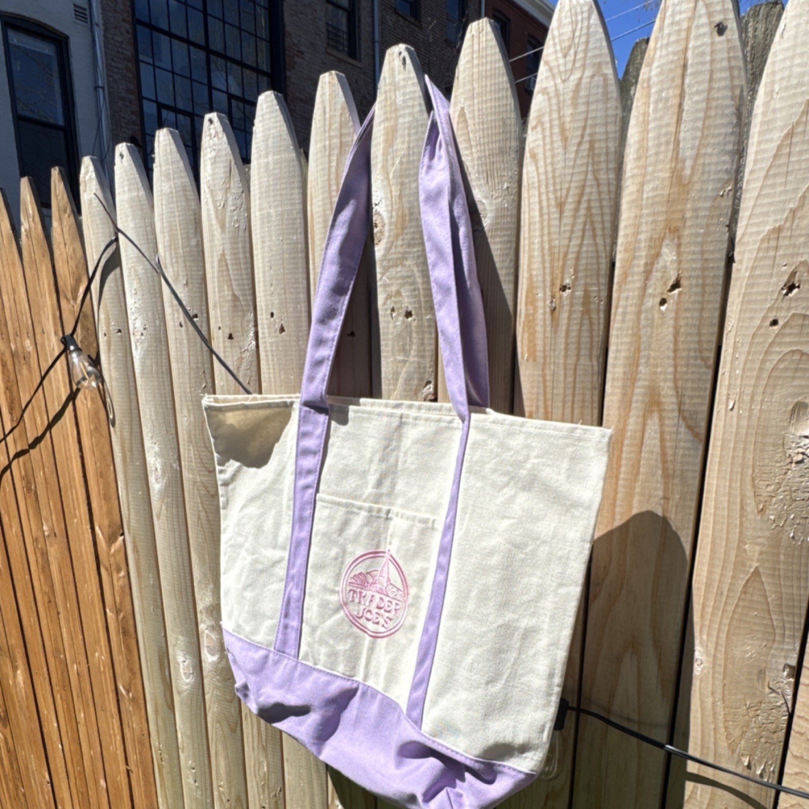 Trader Joe’s Large Reusable Shopping Bag Beige Purple Cotton Polyester Foldable