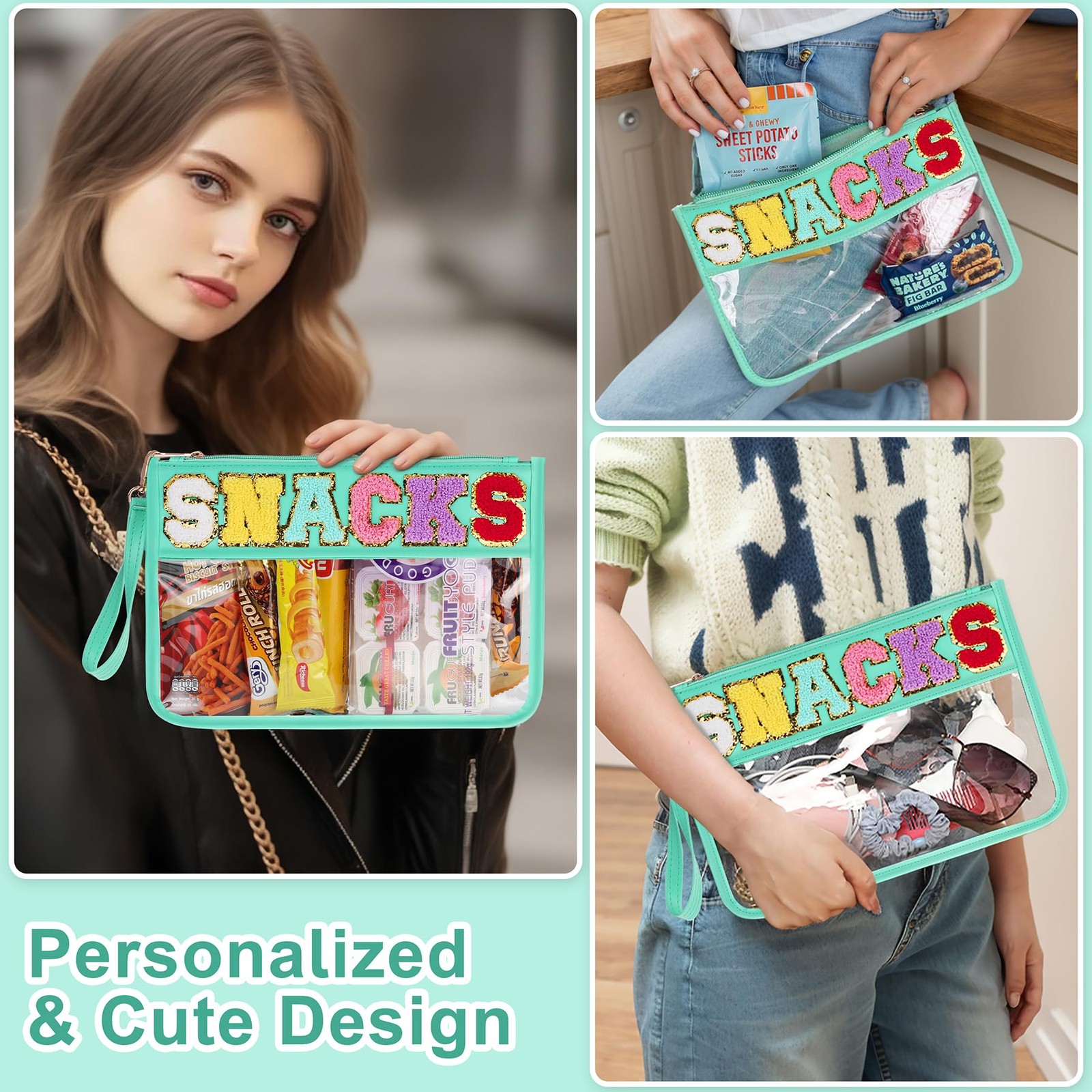Snack Bag for Travel – Clear Chenille Varsity Letter Flat Large, Snack-Green
