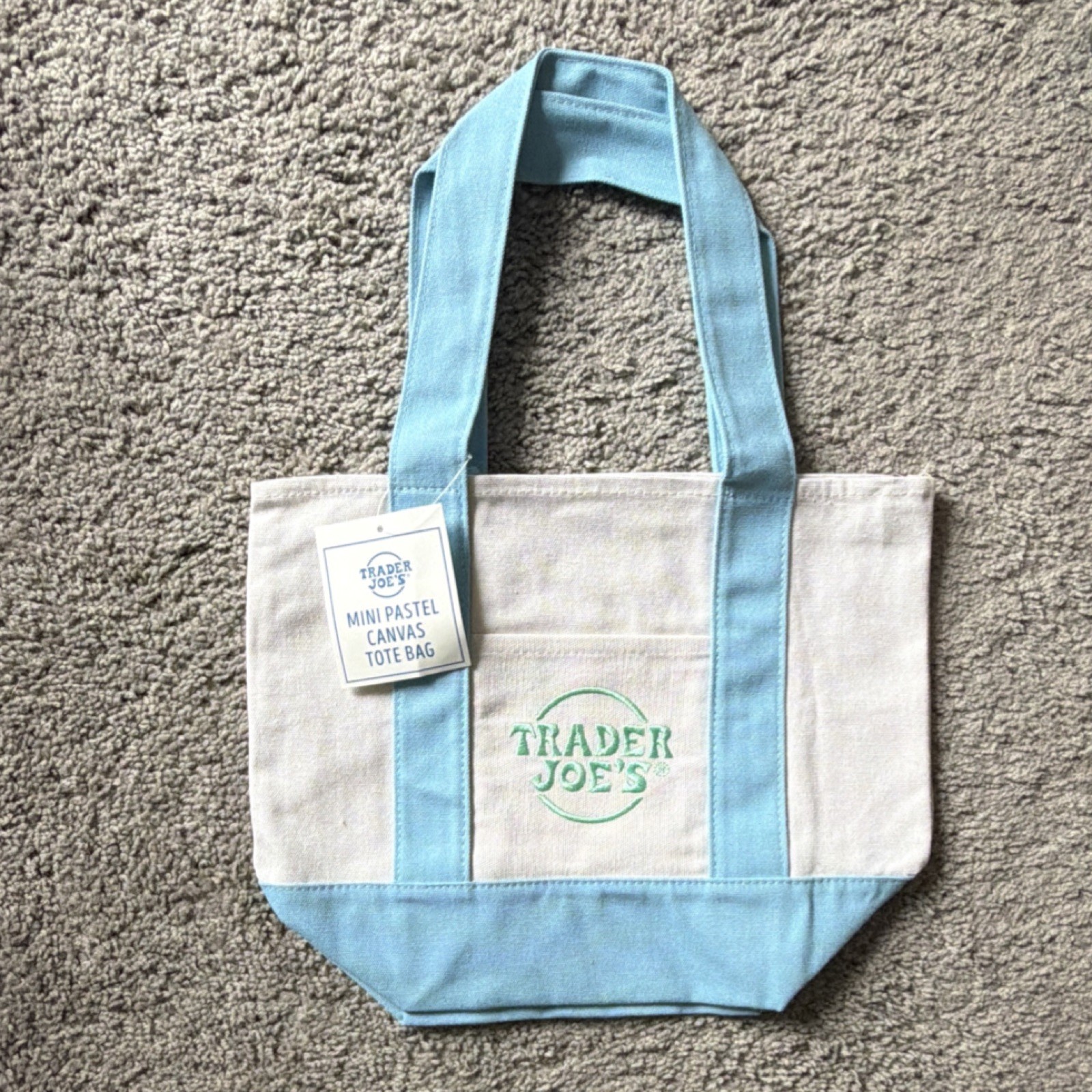 Trader Joe’s Mini Pastel Canvas Tote Bag Blue Beige Foldable Color Block