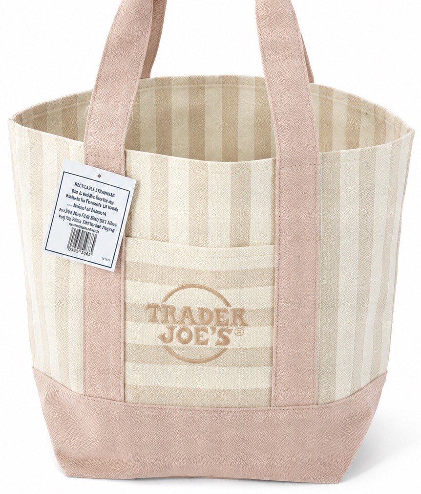 Trader Joes Striped Mini Canvas Tote Bag Limited Edition Summer Beige, nude tan