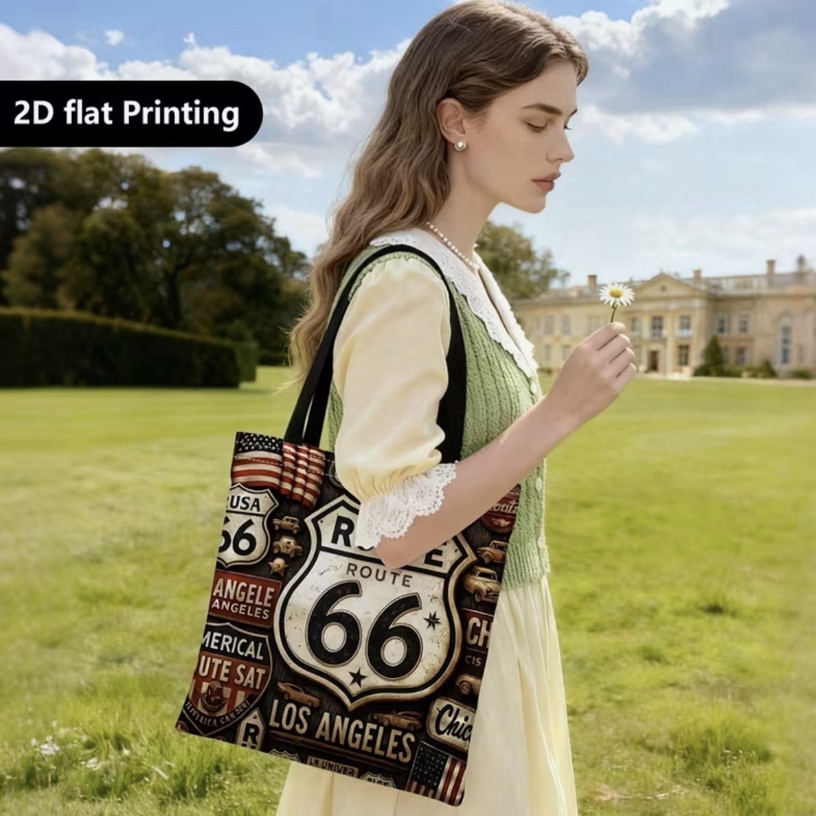 1pc Double-Sided 2D Flat Printing Shopping Tote Bag, Vintage, Route 66