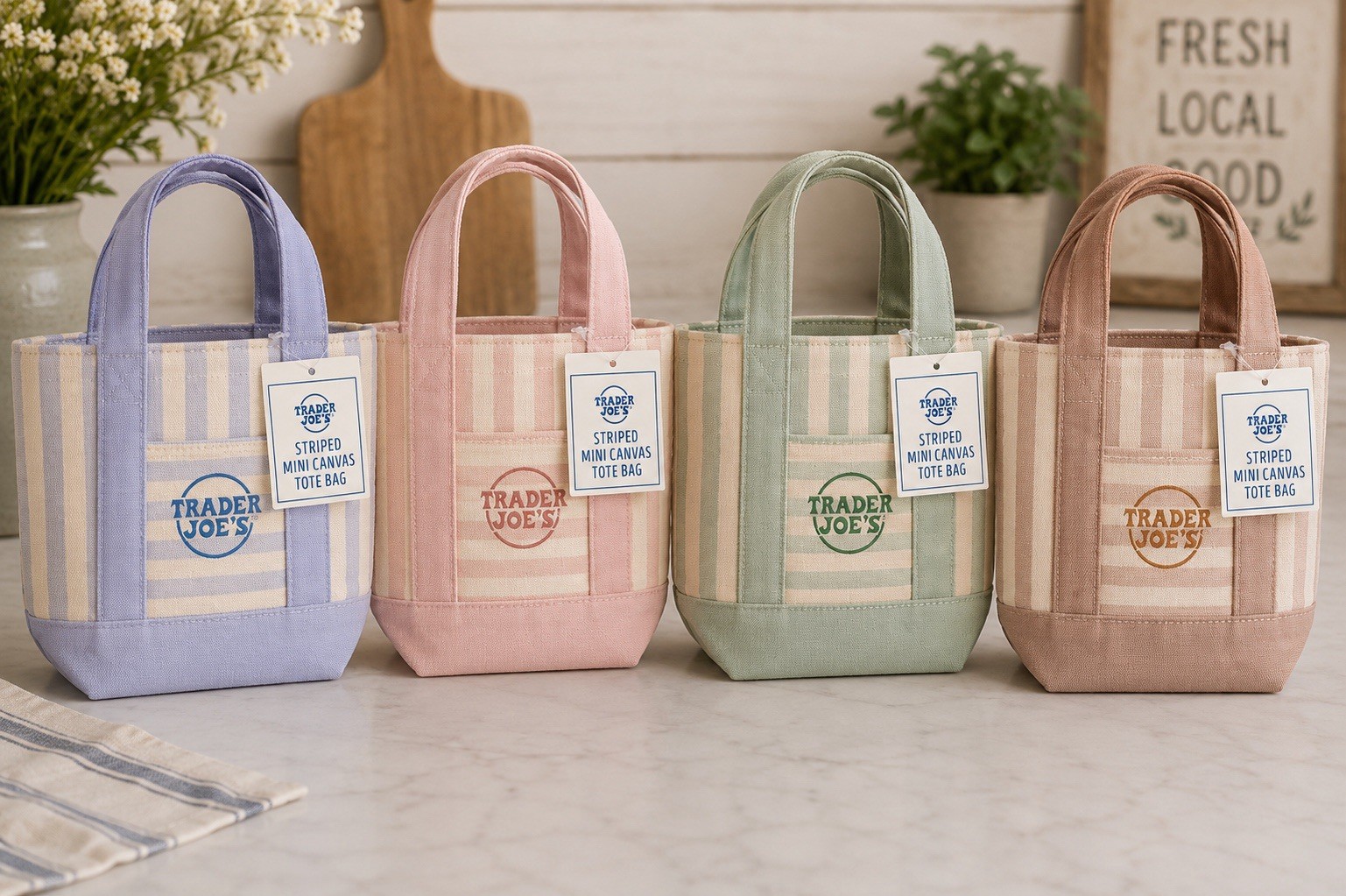 Trader Joe’s Striped Mini Canvas Tote Bag Set of 4 Pastel Colors NWT New Release