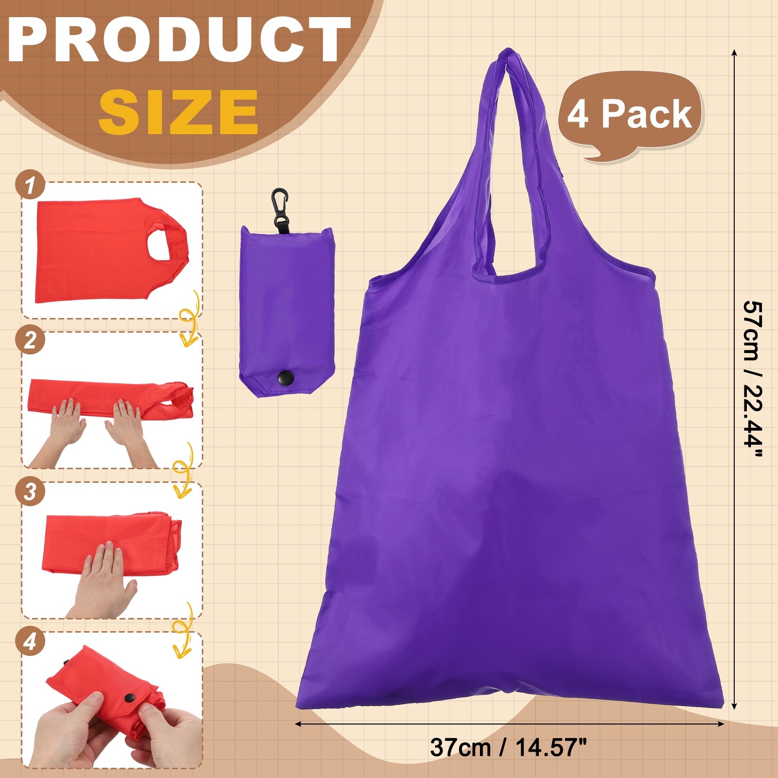 4 Pack Foldable Travel Bag with Handles Washable Shopping Tote Pouch Purple