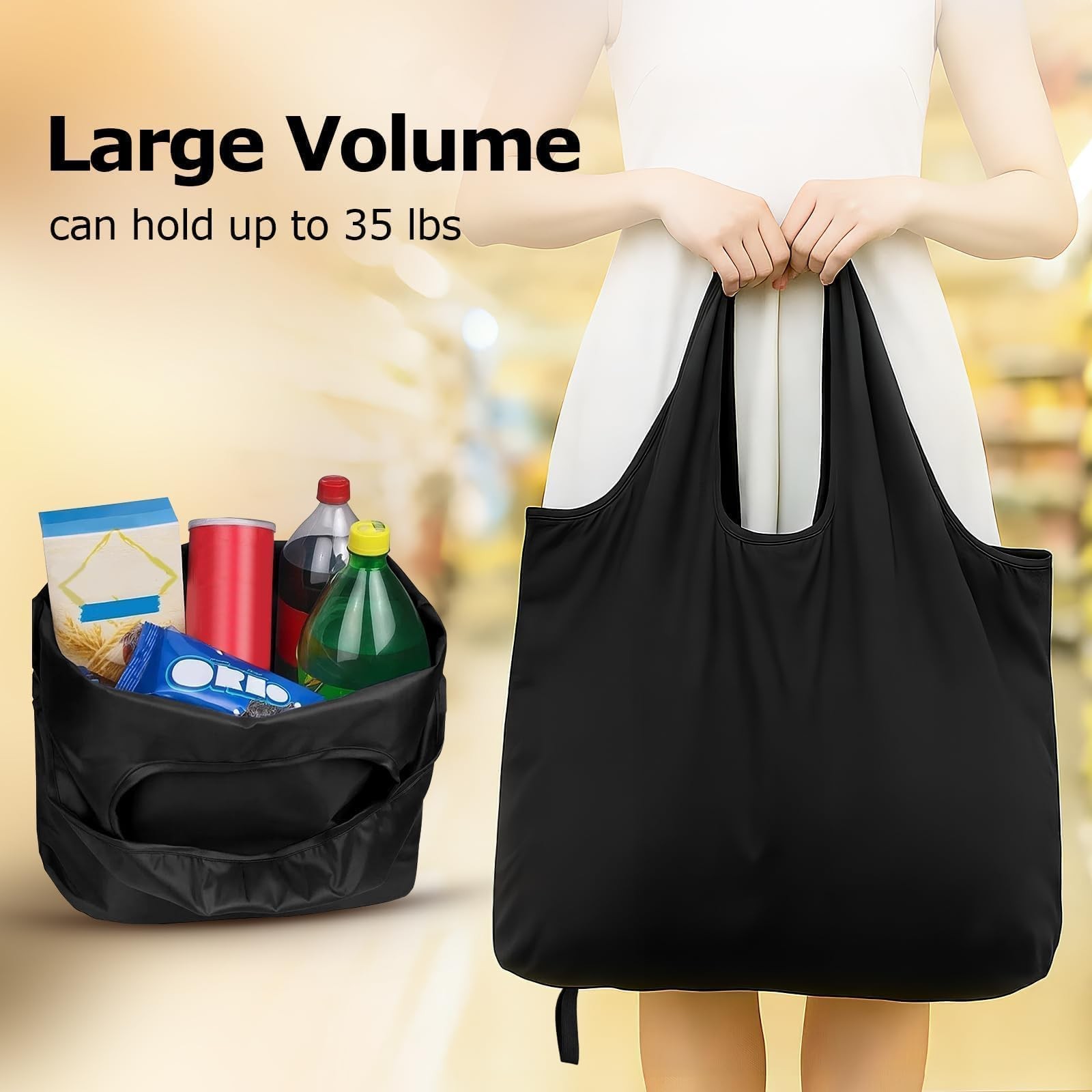 Black Foldable Reusable Shopping Grocery Tote Bag Waterproof Nylon 22″ x 16.9″