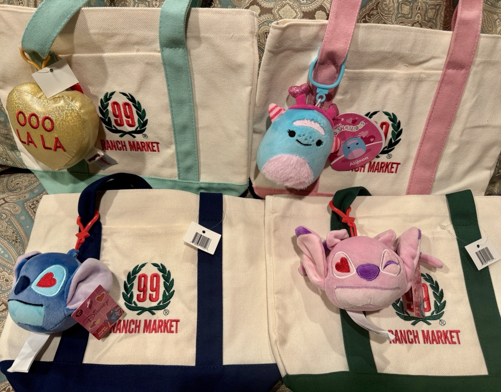 99 Ranch Market Canvas Mini Tote Bags Set of 4 Foldable Colored Handles Reusable