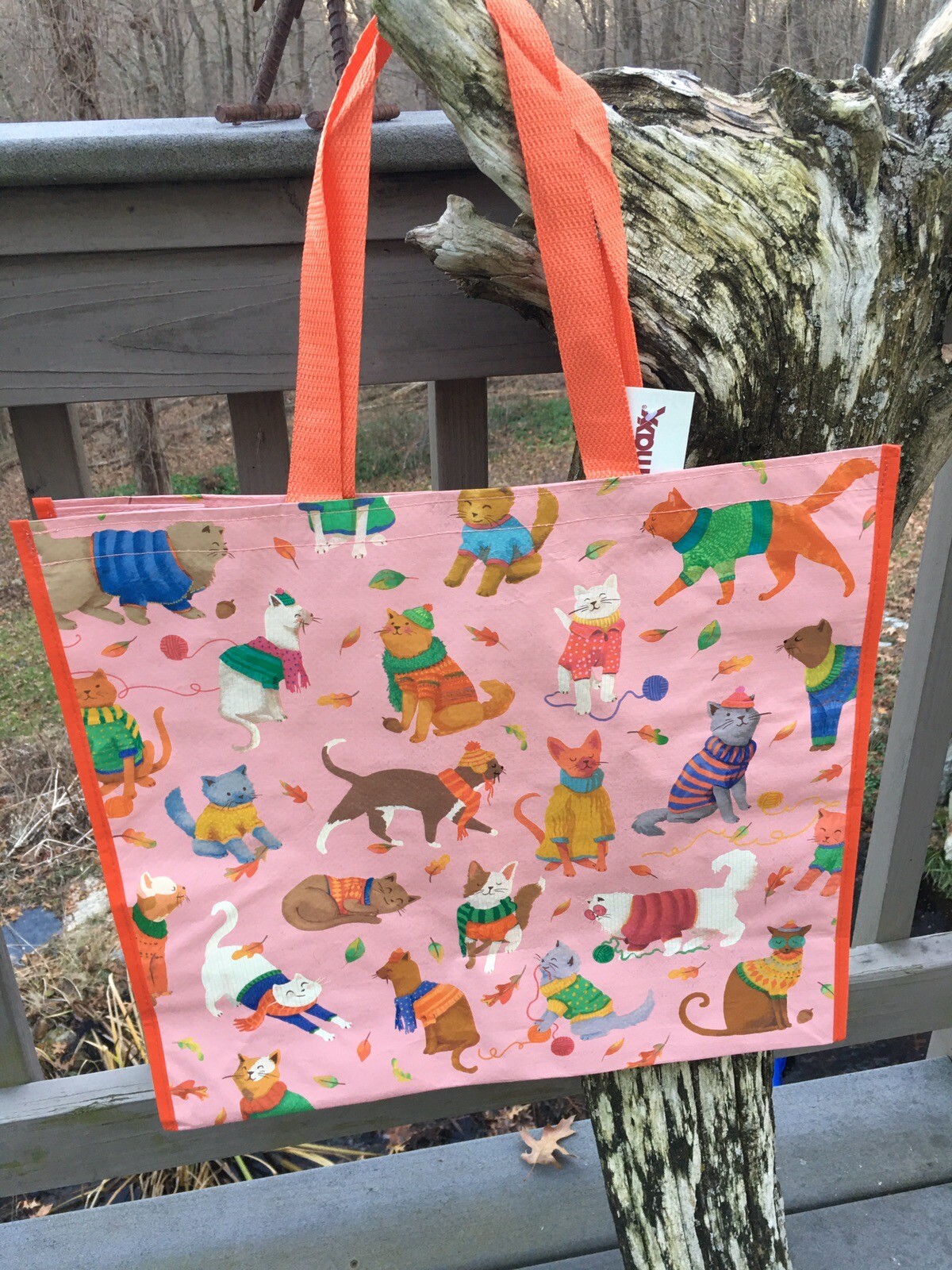 TJ MAXX~Cats w/Scarf Hat~Winter Kitty Holiday Reusable Pink Shopping Bag~EcoTote