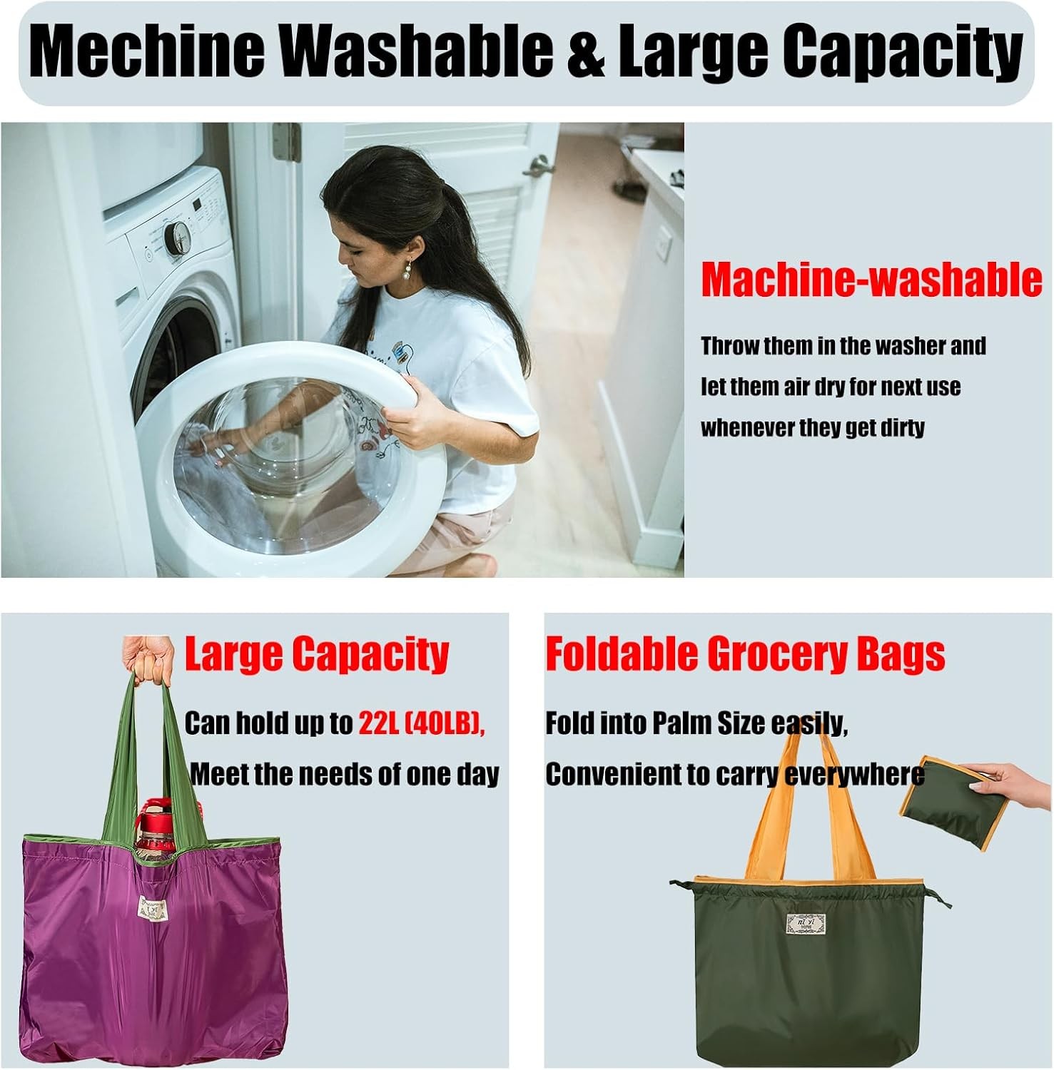 4 PC Foldable Reusable Shopping Bag 210D Nylon Waterproof Travel Grocery Tote W/