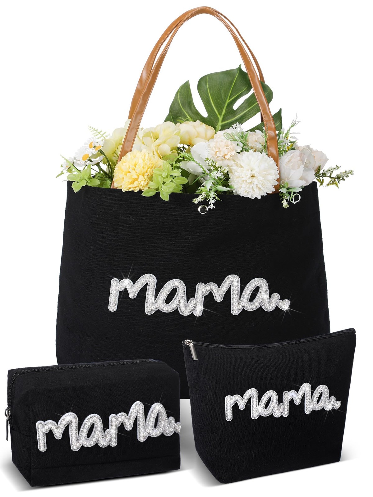 3 Pcs Mom Mama Bag Sets Mother Gifts Multifunctional Black Canvas Tote Bag Se…
