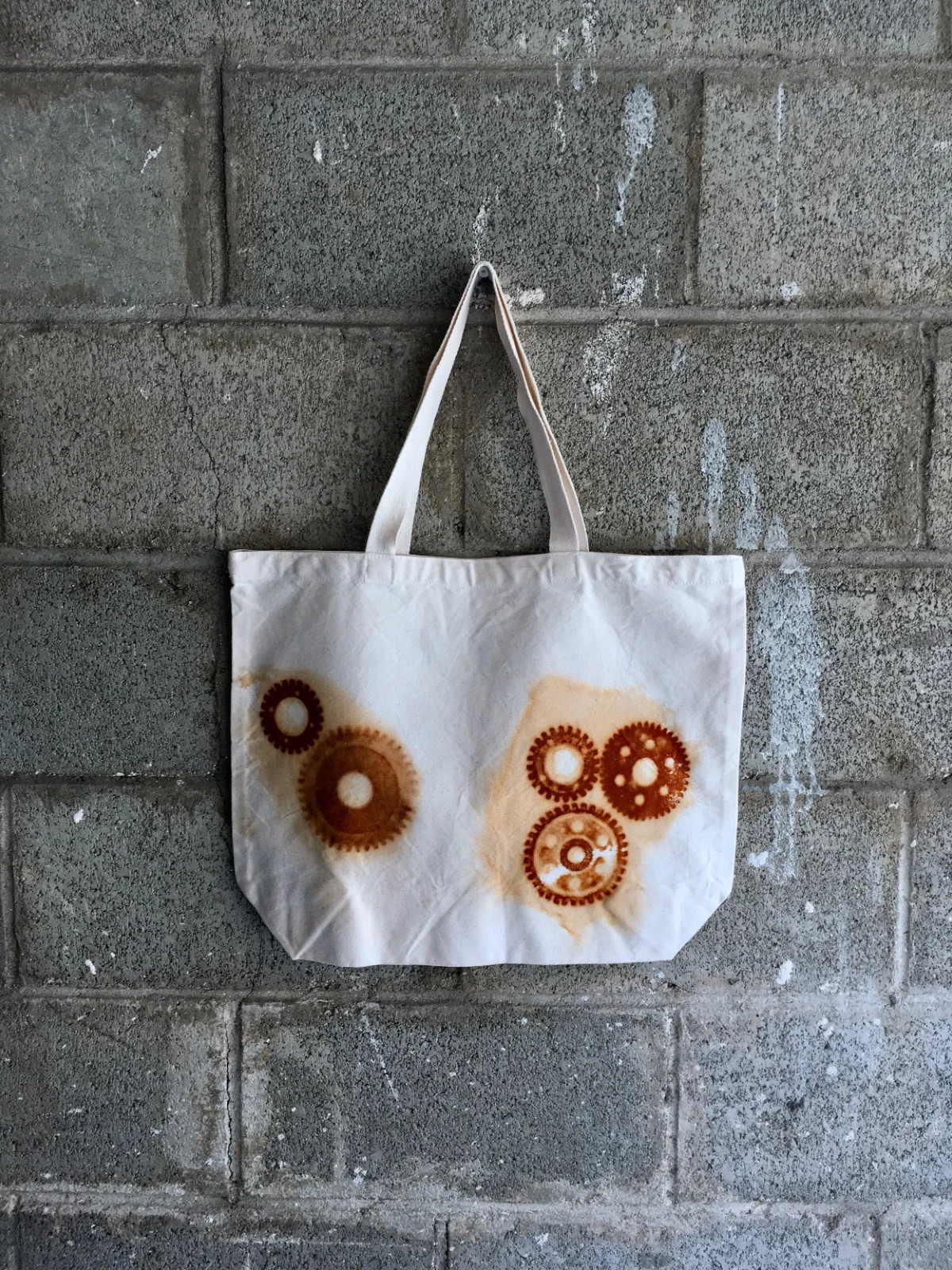 Organic Cotton Farmers Market Tote Bag Rusty Gears Handmade XL 18×14.5 Rust Dyed