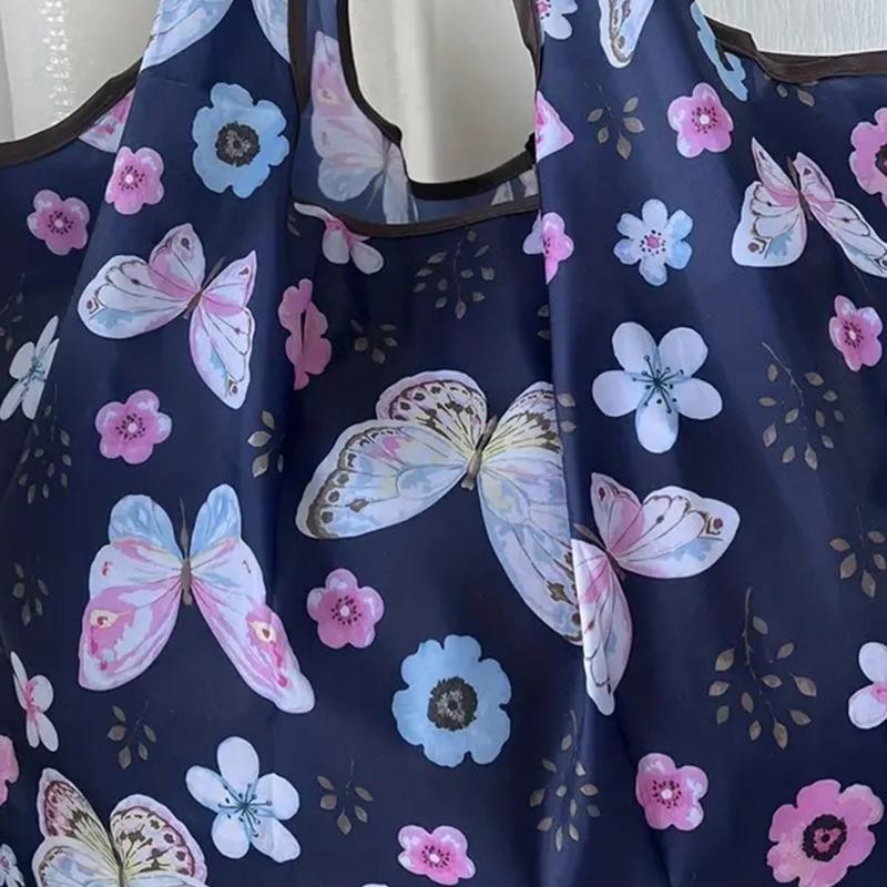 Portable Folding Shopping Bag Butterfly Flower Printing Grocery Bag Eco-friendly