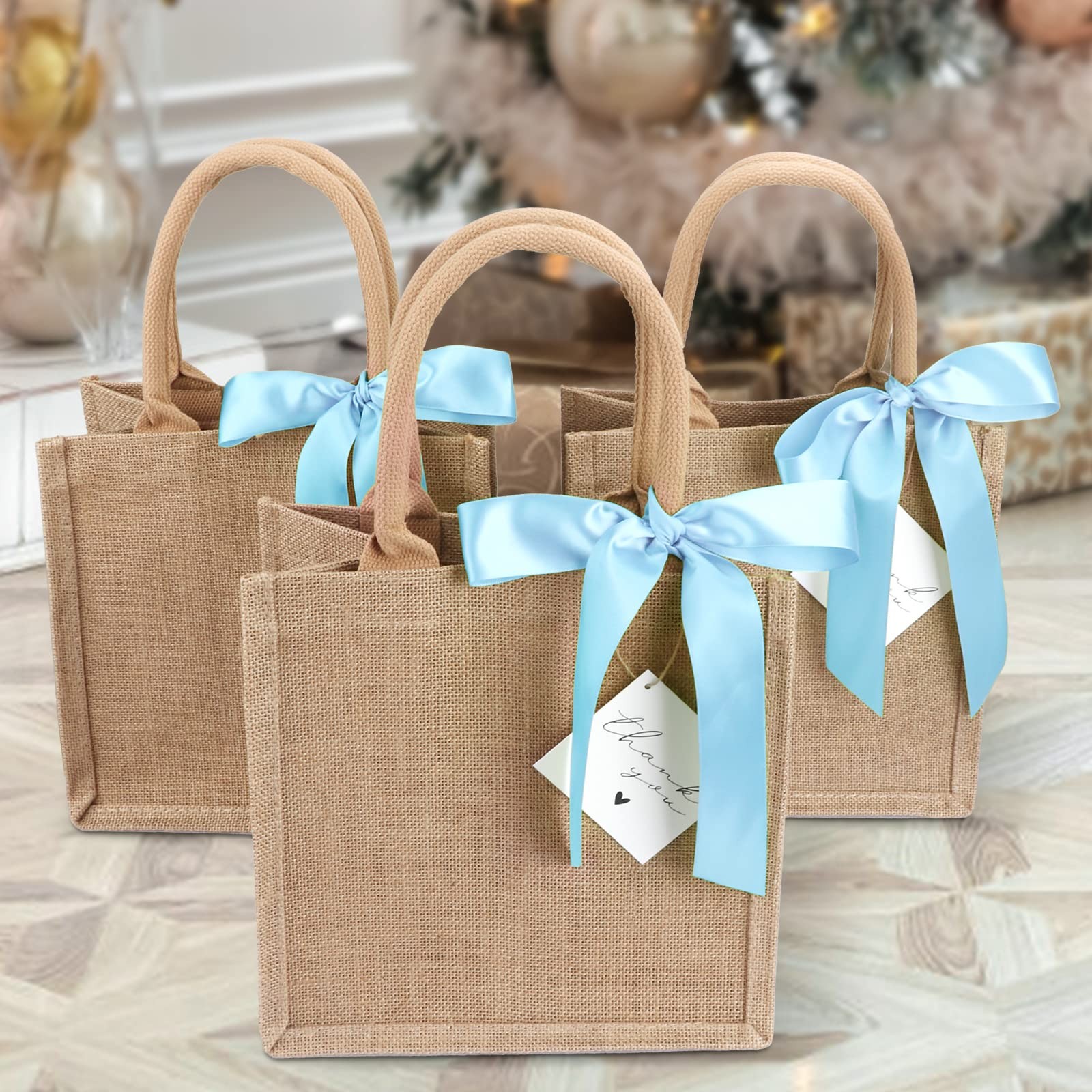 6 Pack Burlap Tote Bags with Handles Reusable Small Jute Gift Bags with Blue …