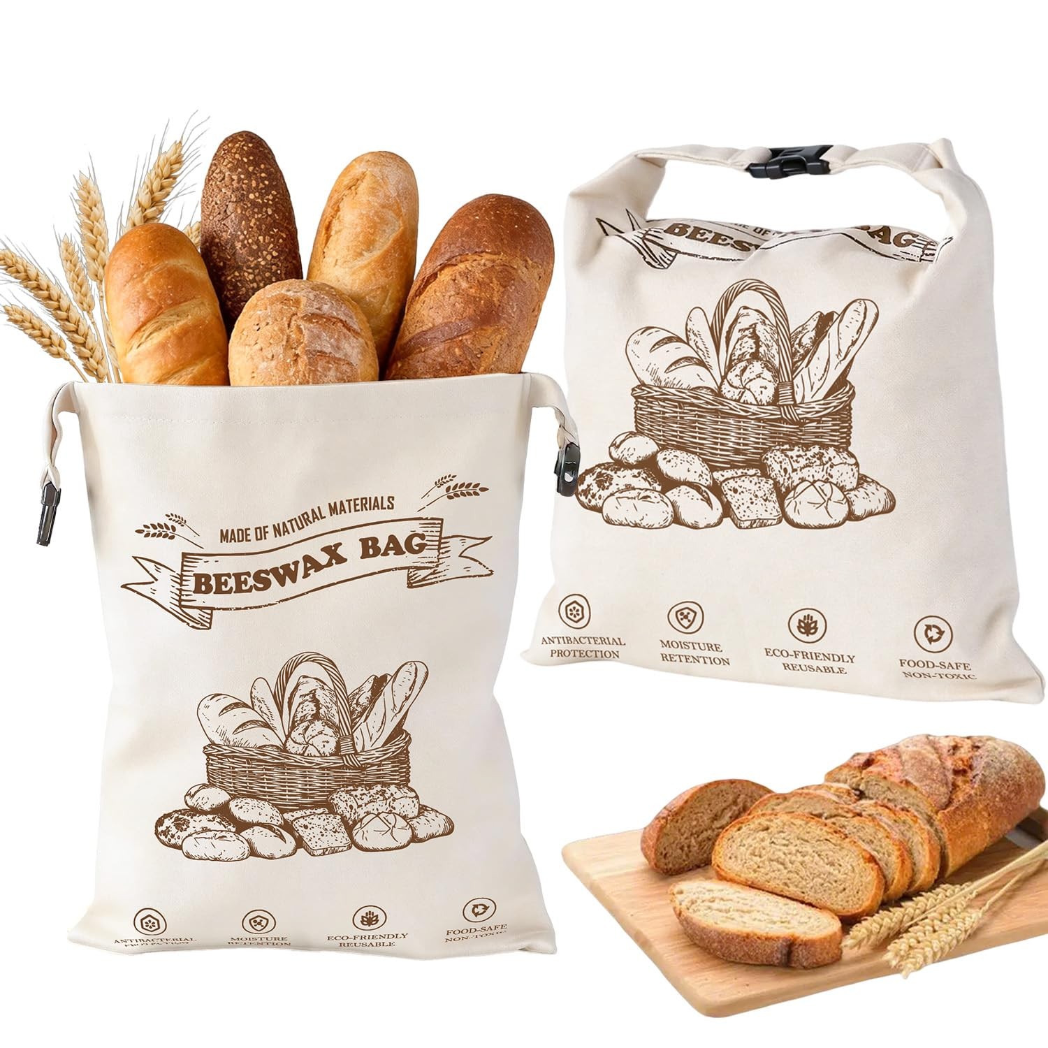 Beeswax Bread Bags for Homemade Bread, 2 Packs XL Reusable Cotton XL, white