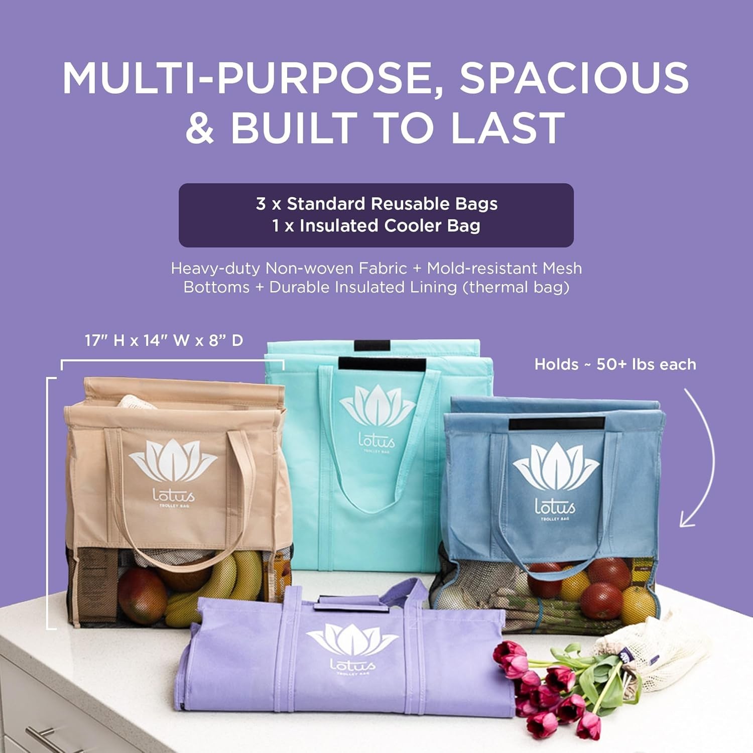 Lotus 4-Pack Trolley Bags: Insulated, Detachable & Eco-Friendly Grocery Totes