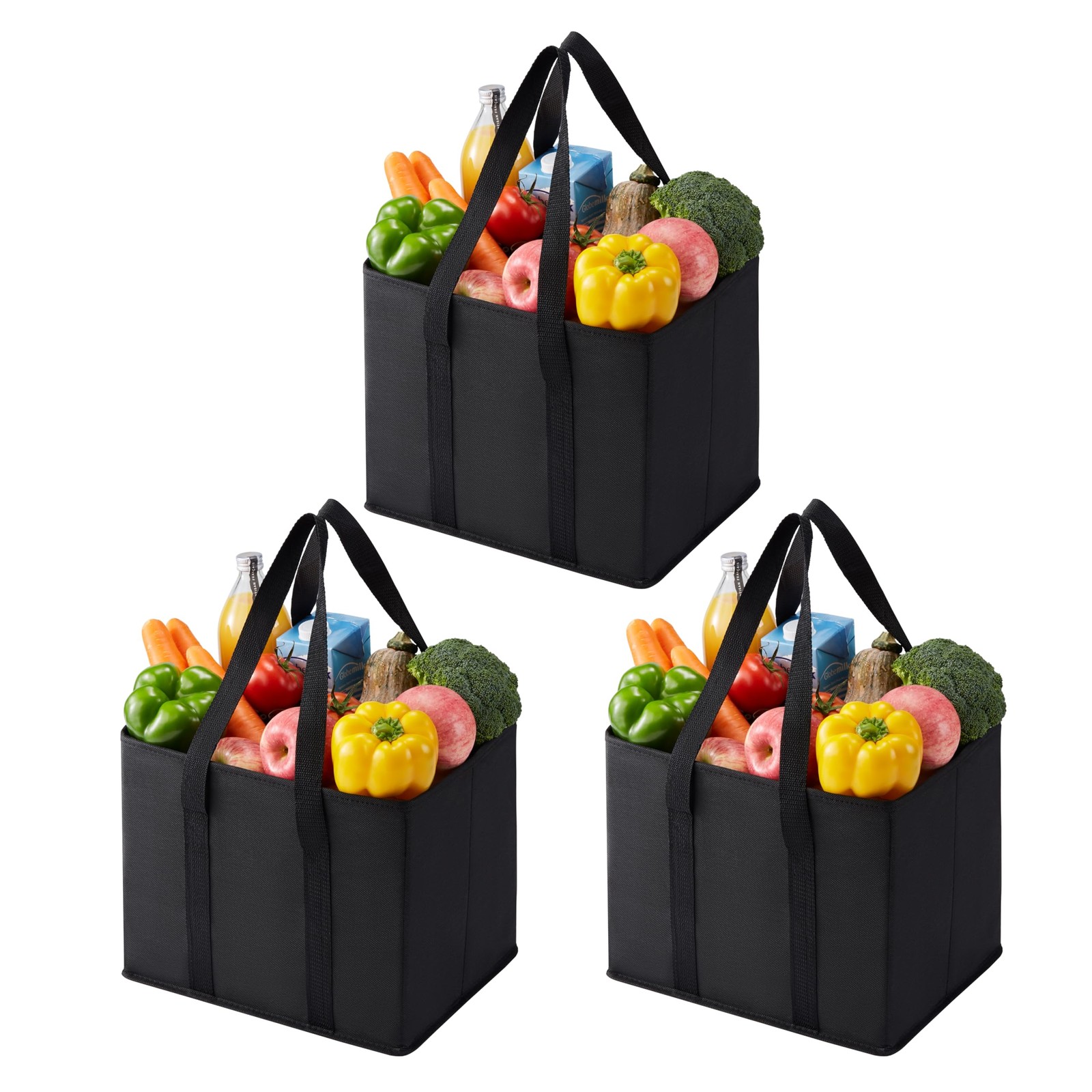 3-Pack 6-Gallon Reusable Grocery Bags Utility Tote with Handles Hard Bottom