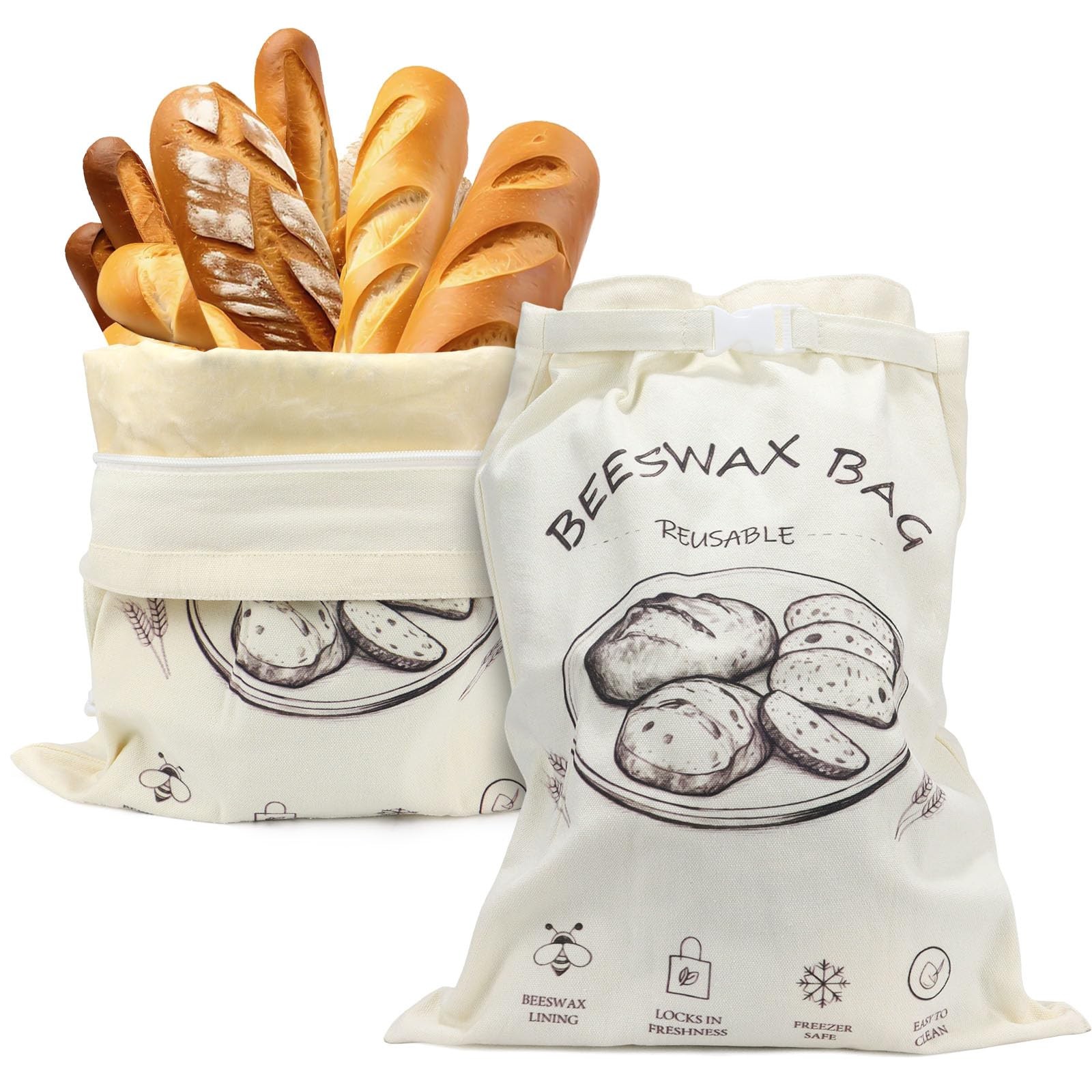 Beeswax Bread Bag 2 Pack, Reusable Organic Cotton 13 x 17 inches, Beige