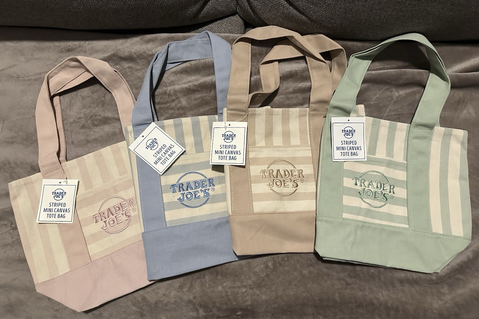 Trader Joe’s Mini Striped Canvas Tote Bags Blue,Pink, Green & Tan NWT (set Of 4)