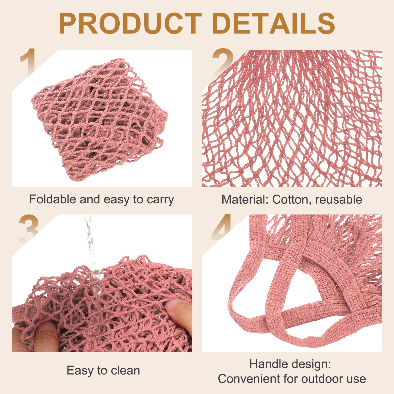 Reusable Mesh Produce Storage Bag Washable Portable Bag Short Handle, Peach Pink