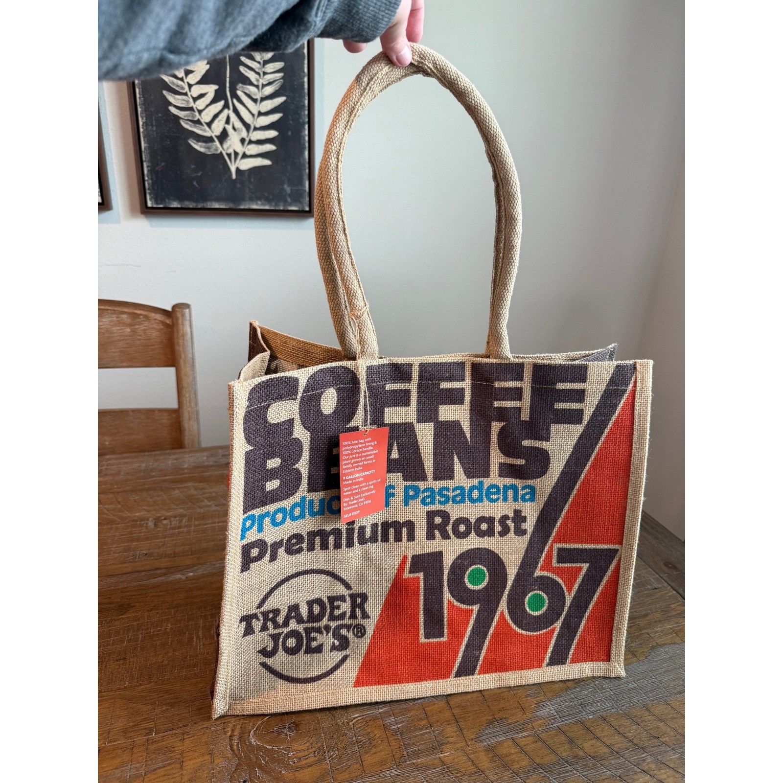 Trader Joes 1967 Coffee Beans Pasadena Jute Tote Bag Reusable 9 Gallon NWT