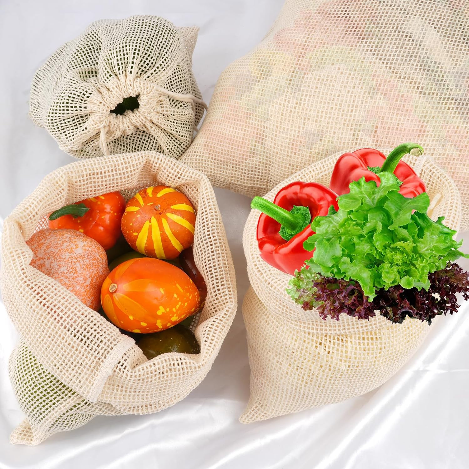 Reusable Cotton Mesh Produce Bags – 8 Pack for Groceries and Storage