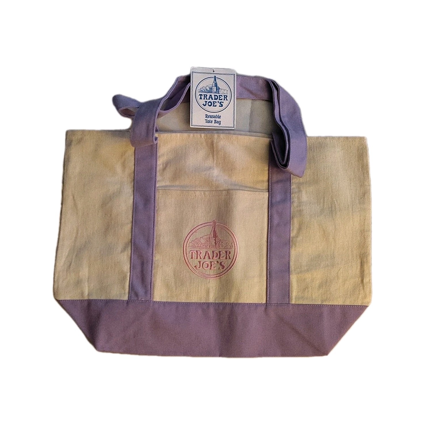 Trader Joe’s Foldable Canvas Reusable Shopping Bag Color Block Beige Purple
