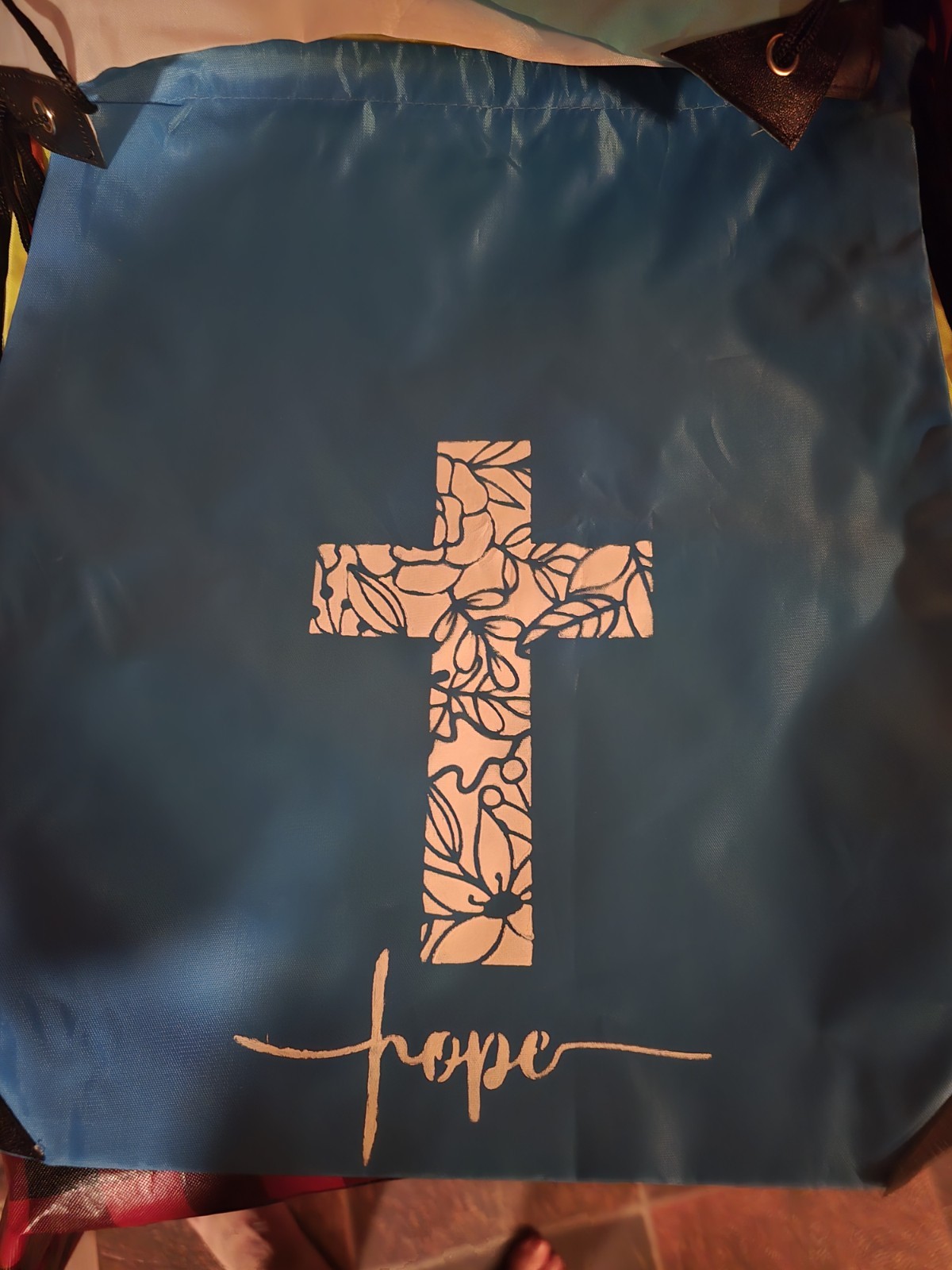 Reusable Shopping Bag Blue White Floral Nature Cross with ‘Hope’ Text