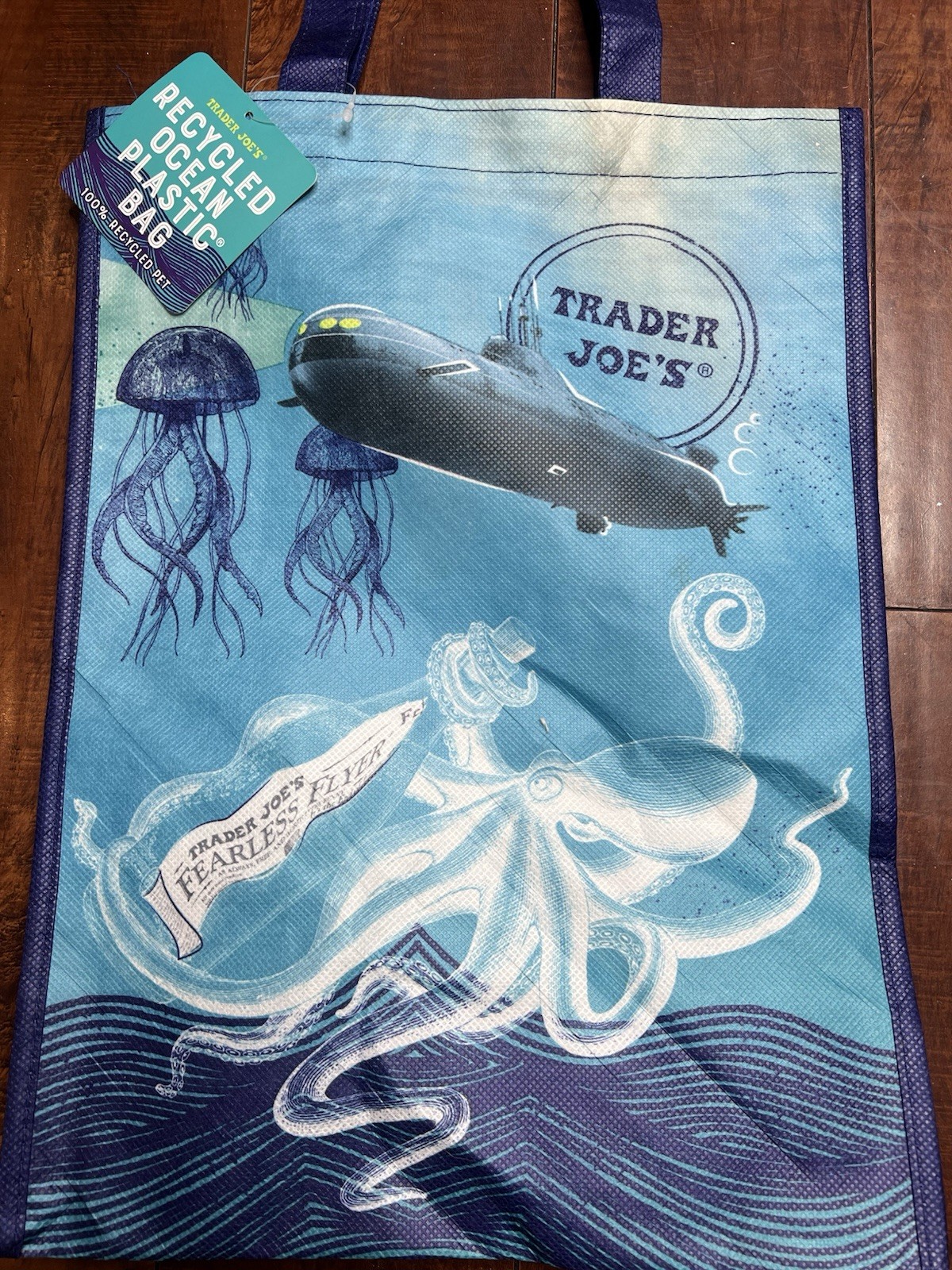 Trader Joe’s Blue Fish Tote Bag Ocean Clownfish Submarine Reusable 100% Recycled