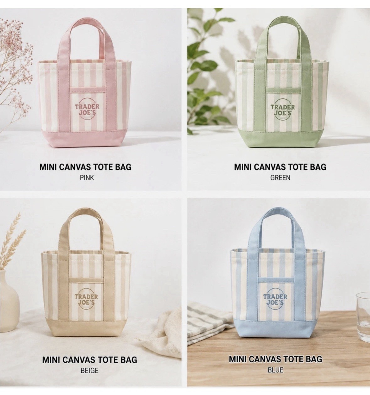 Trader Joe’s Mini Canvas Tote Bag 4 colors: Pink Mint Green Beige Light Blue