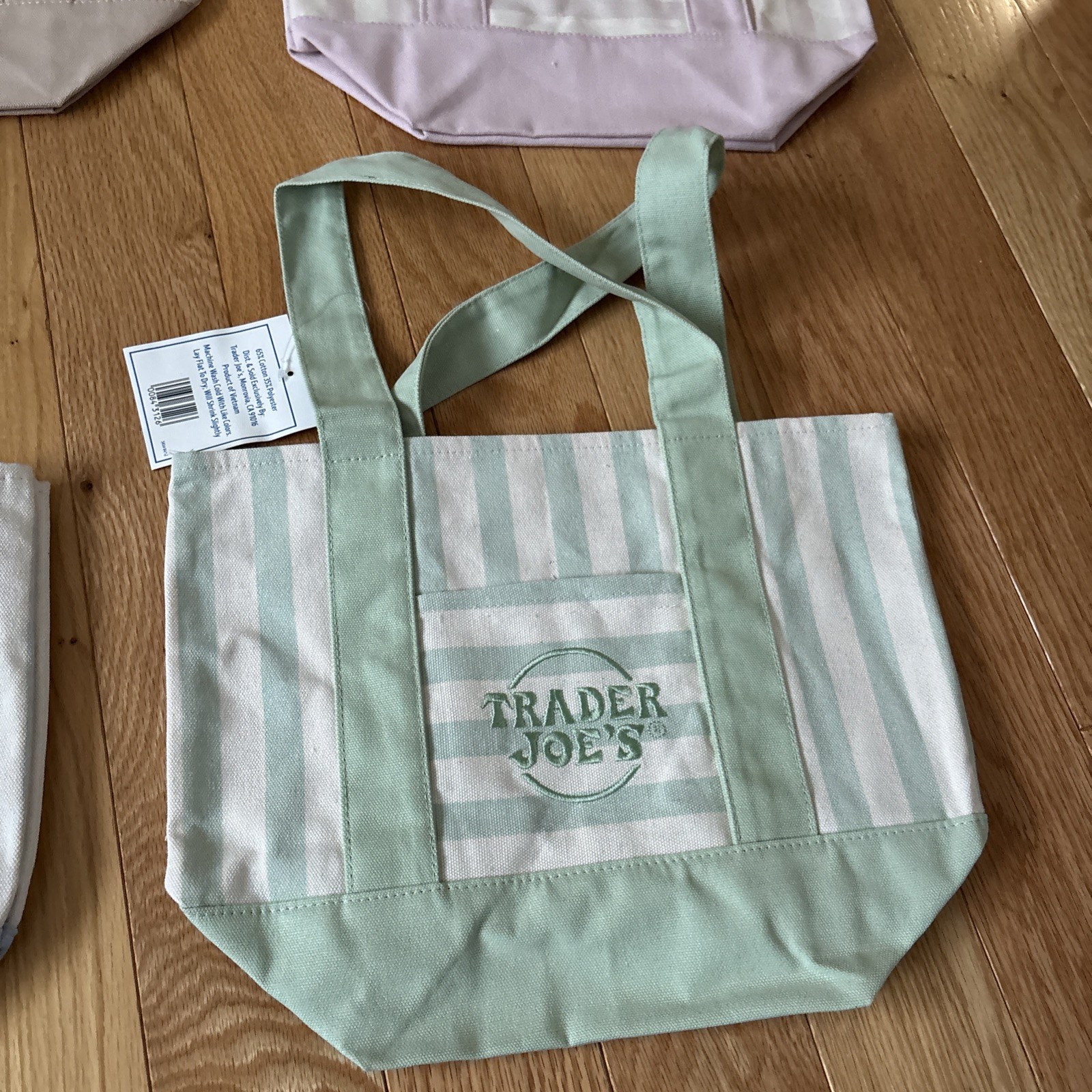 TRADER JOE’S MINI PASTEL STRIPE CANVAS TOTE BAGS SET Of 4 PINK BLUE GREEN BEIGE