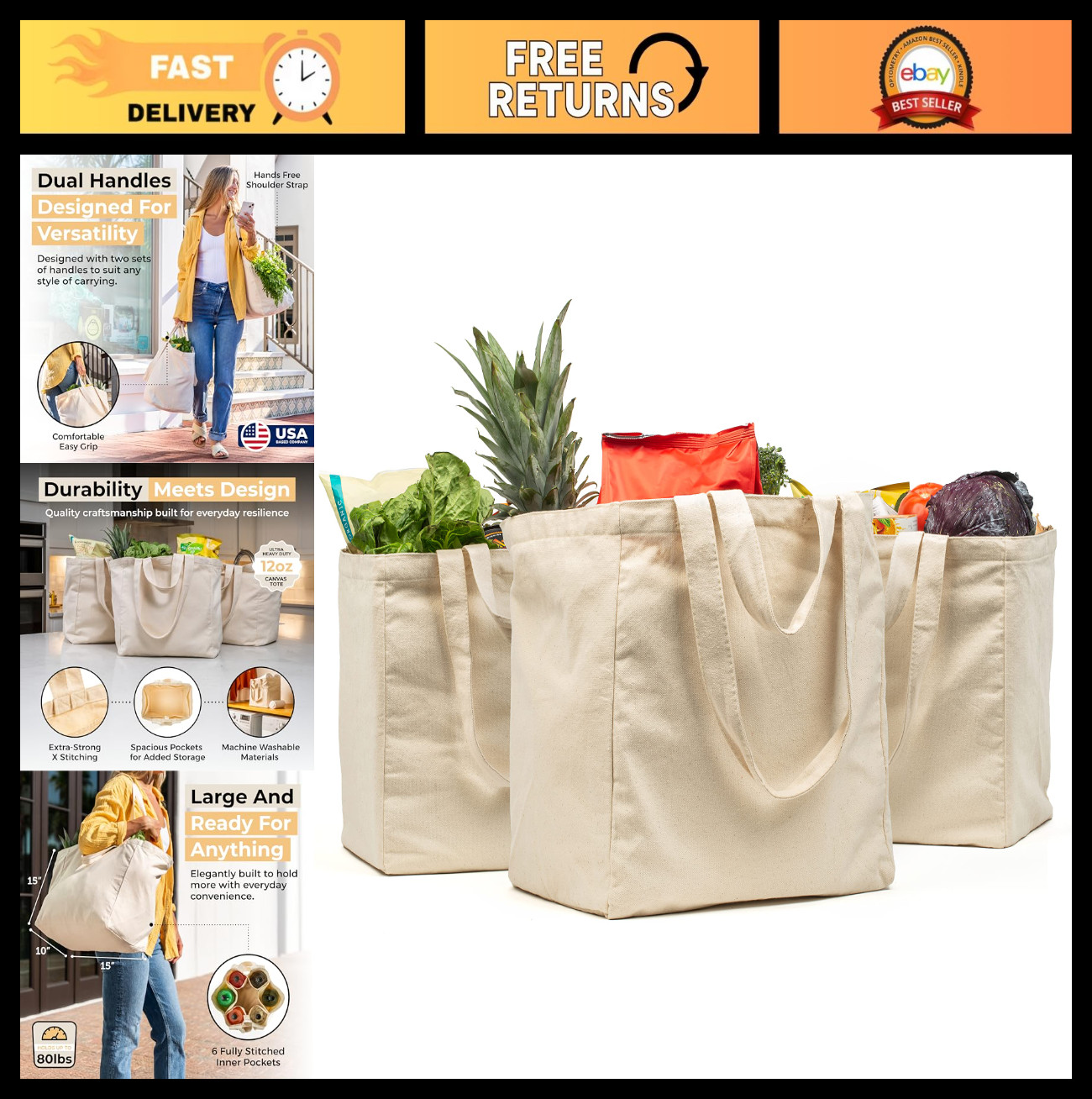 XL Canvas Grocery Tote Bags 3pc Set – Heavy Duty, Foldable, Washable, Pockets, L