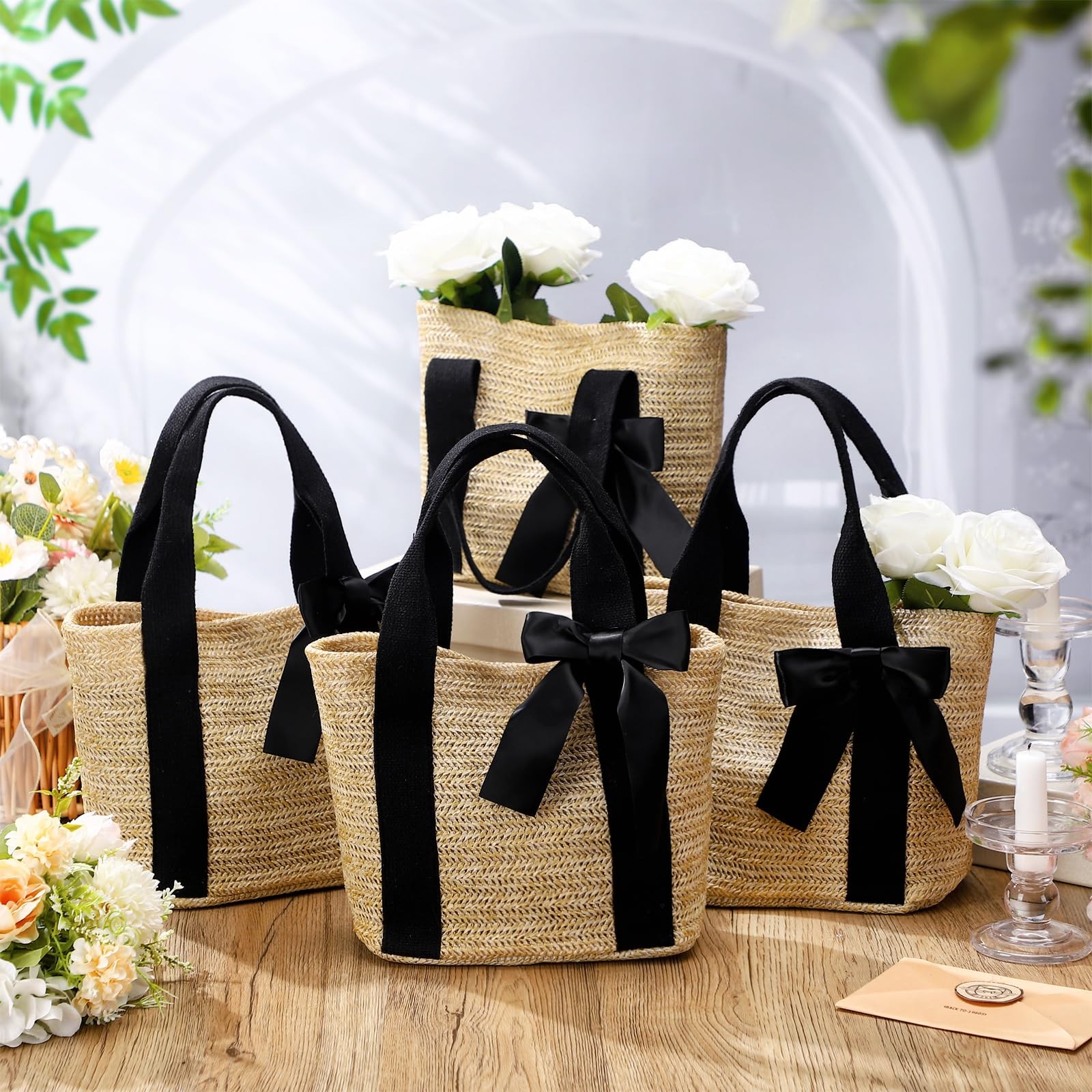 6 Pcs Bridesmaid Straw Beach Bags Reusable Woven Burlap Tote Bags with Handle…