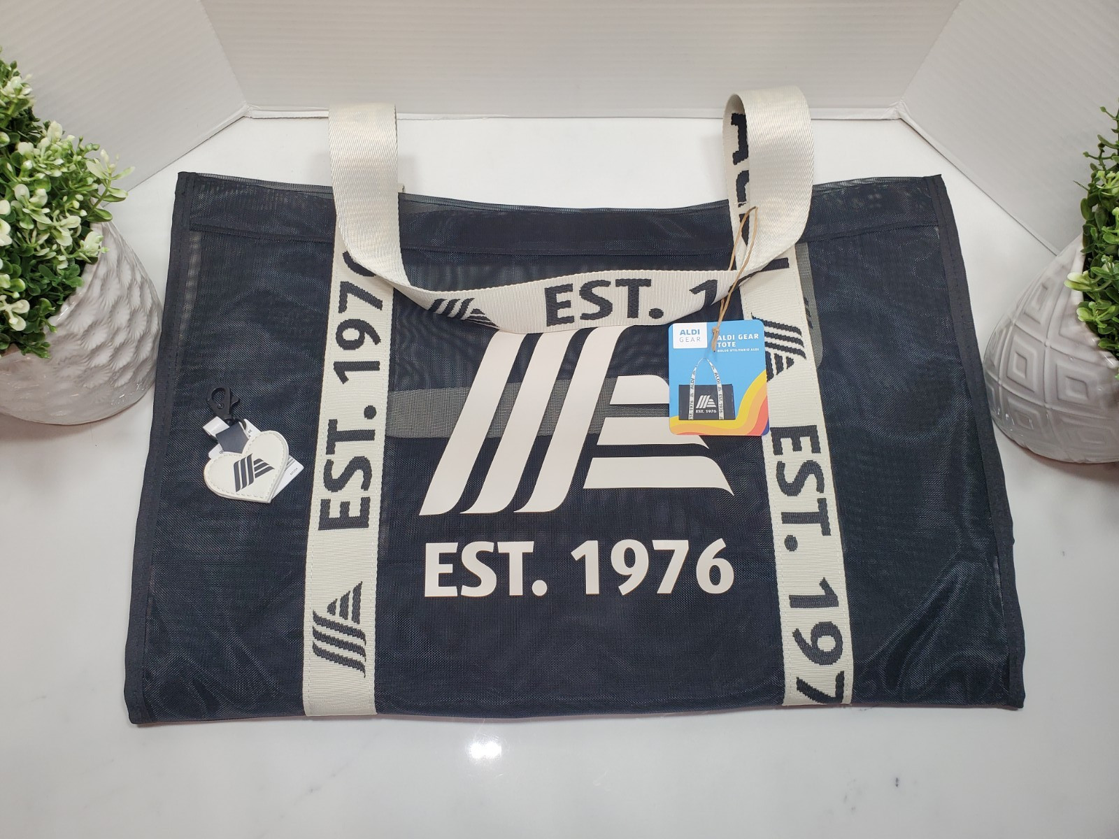 ALDI 50th Anniversary Mesh Tote Bag Black & Cream Straps Quarter Keychain 🖤 NEW