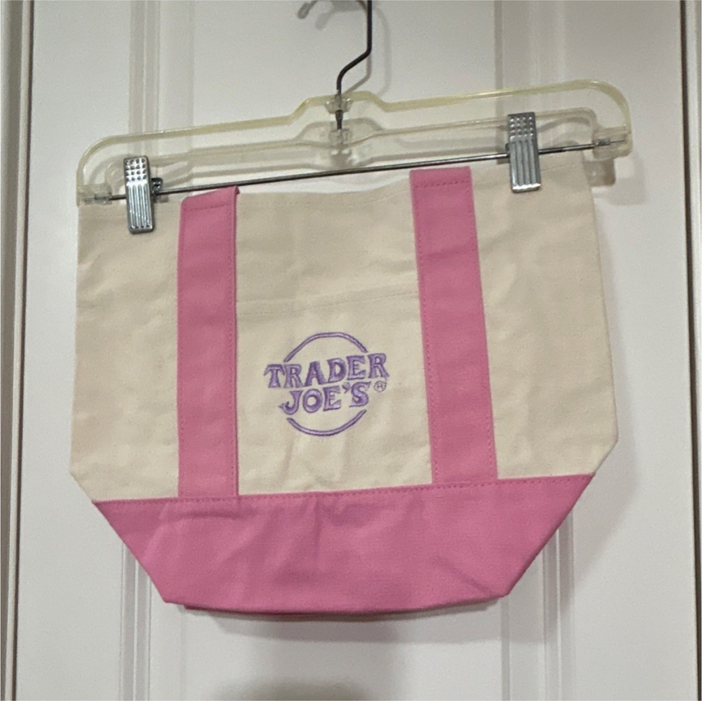 Trader Joe’s Foldable Reusable Tote Bag Pink Beige Cotton Polyester Color Block