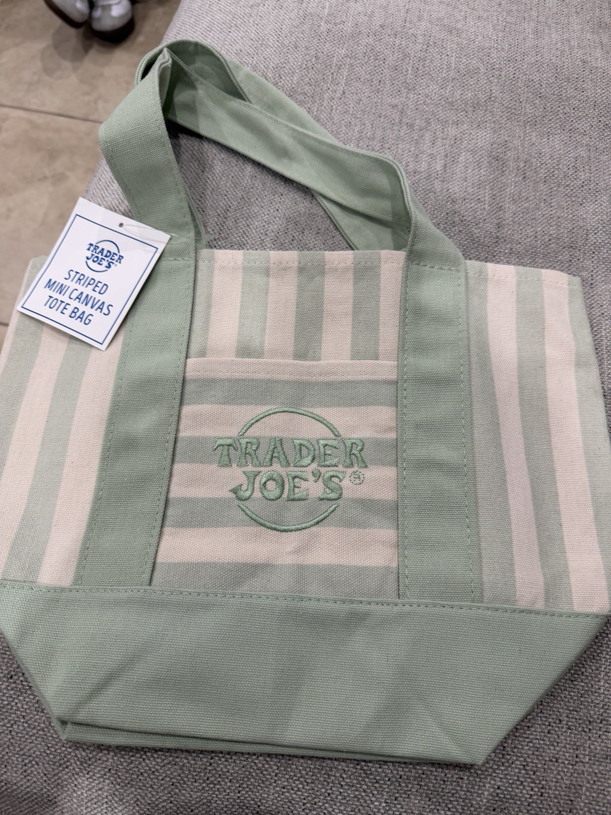 Trader Joe’s Mini Canvas Tote Bag Green/White Striped 13x6x10 in New